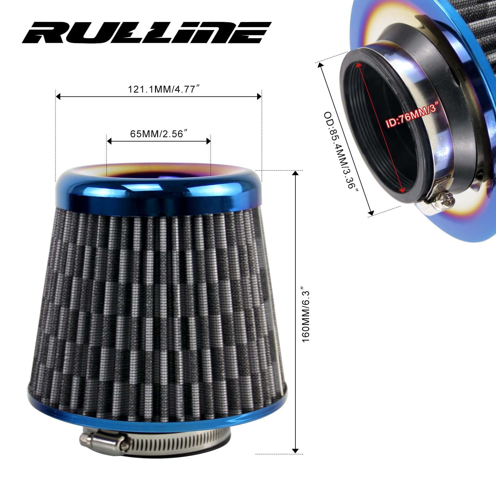 RULLINE 76mm 3" High Flow Round Tapered Cone Cool Air Filter Clamp-On Air Intake Filter Washable Replacement Air Filter Blue Burning Process Carbon Style 3