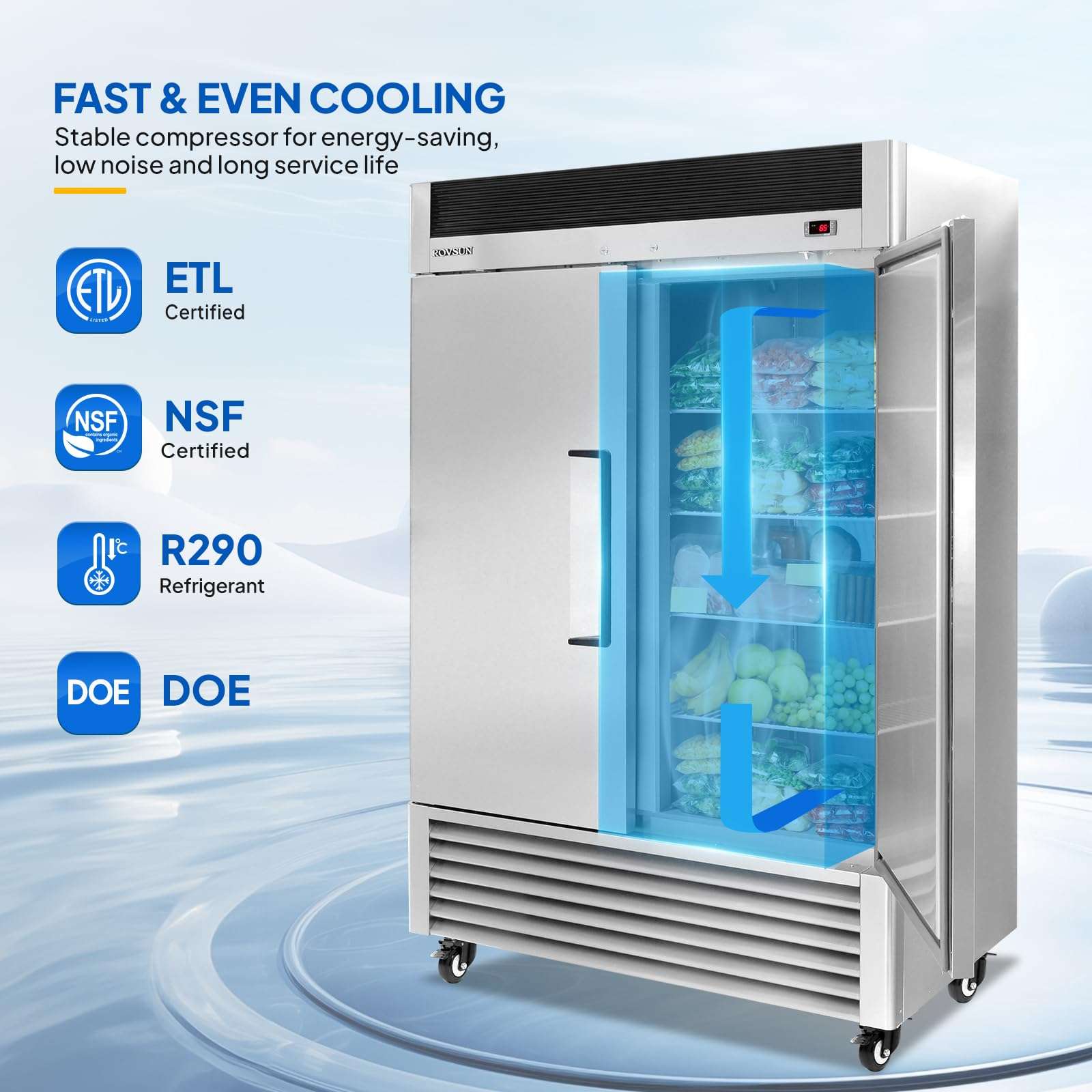 LEADZM 54" W 2 Door Commercial Refrigerator ETL NSF Approval, 40 Cu.Ft Commercial Fridge Cooler Reach in Refrigeration w/ 8 Adjustable Shelves, Auto Defrosting & LED Light for Restaurant Cafe Canteen 3