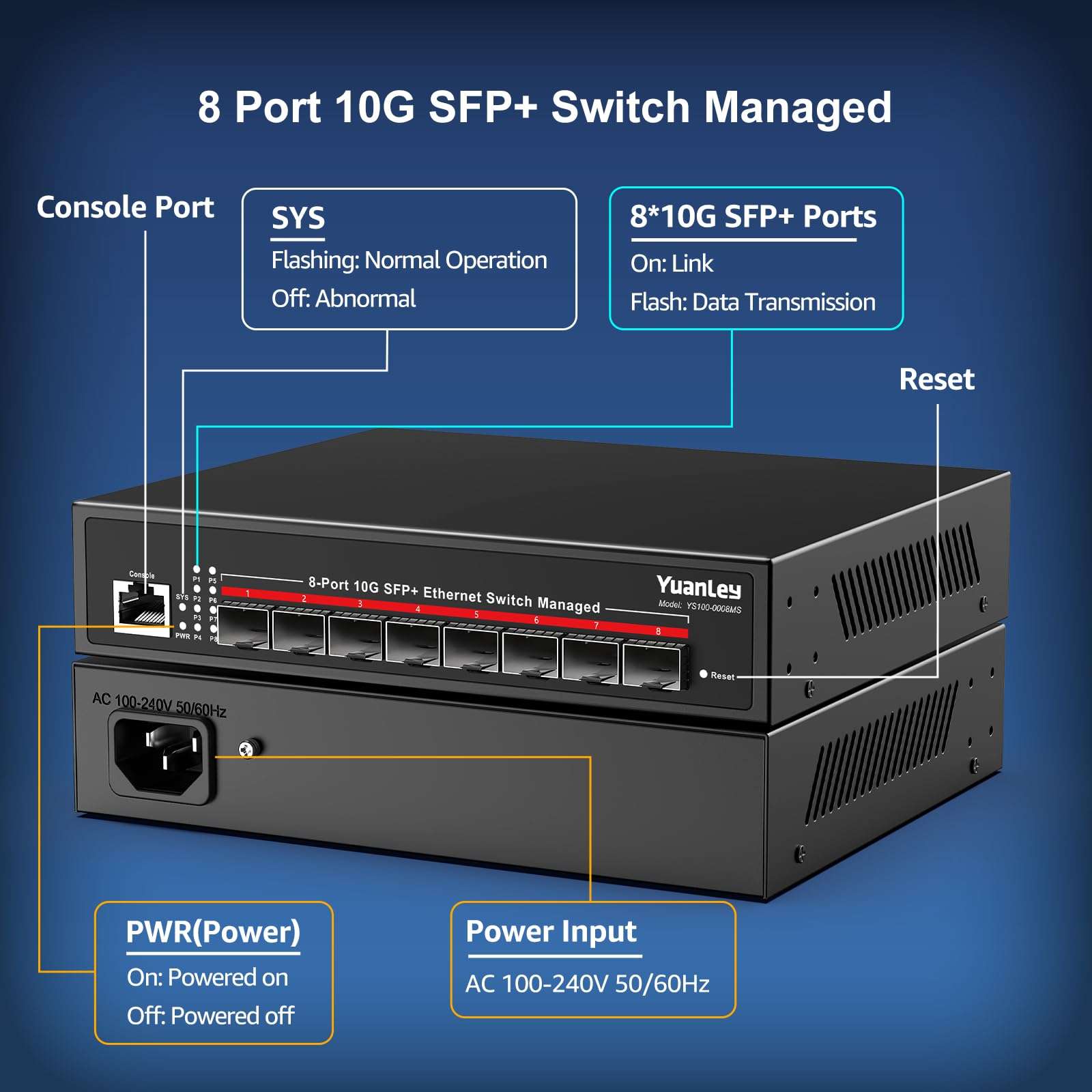 YuanLey 8 Port 10G Managed SFP Switch, 8X 10Gbps SFP+, L3 Smart Managment Ethernet Switch, Link Aggregation, VLAN, QoS, ACL, Rackmount 10Gbe Multi-gig Network Switch, Metal Case, 160Gbps Bandwidth 4