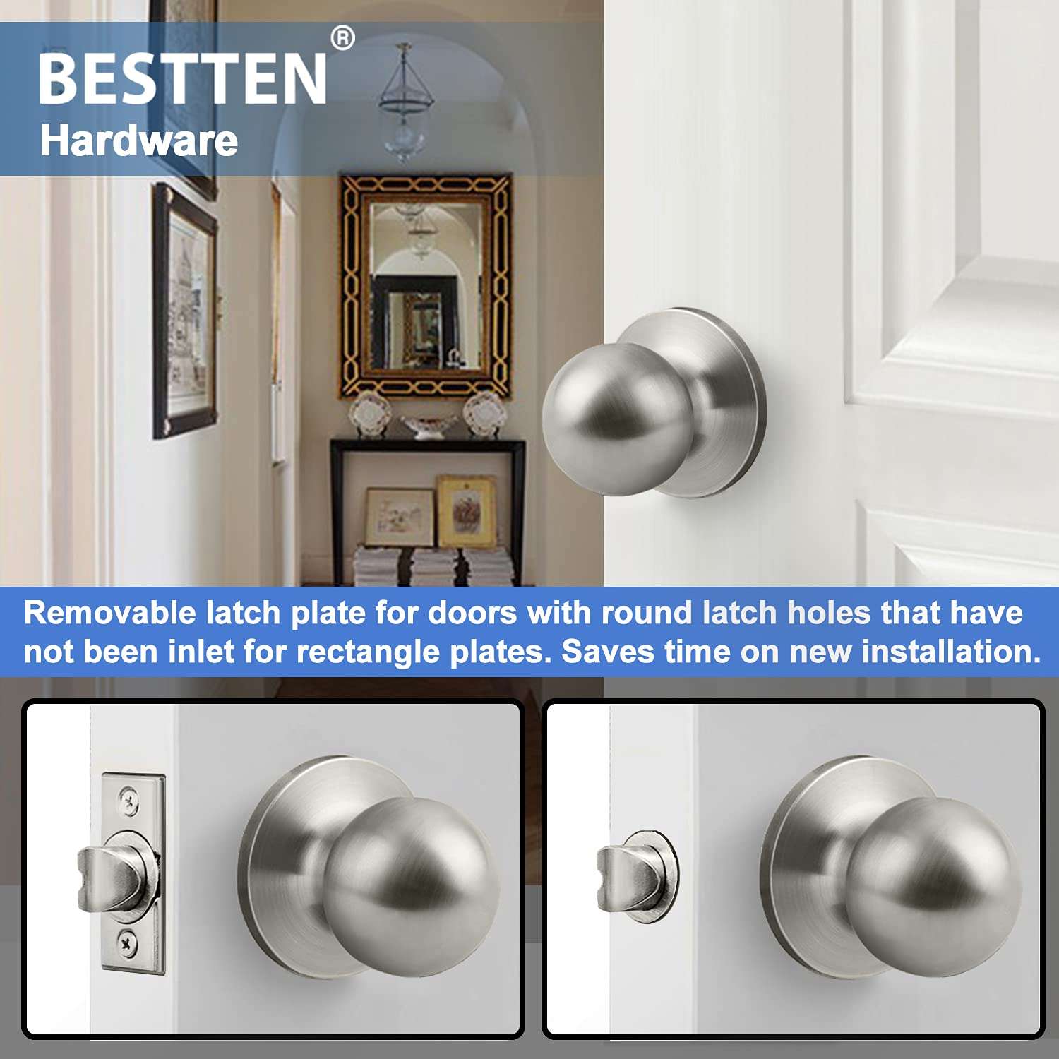 BESTTEN Passage Door Knob Set with Nonlocking, Removable Latch Plate, Interior Ball Door Knob for Hallway and Closet, All Metal, Satin Nickel Finish 4