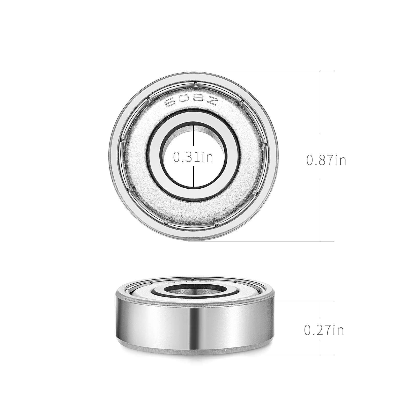 608-Z Shielded Sealed Miniature Skateboard-Bearings - 8x22x7mm, 10 Pcs, Used in Longboard and Scooters Machinery, Roller Skates (10) 2