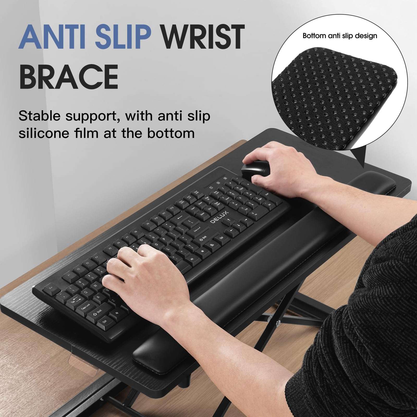 Omhuzsyo Standing Keyboard Tray Keyboard stand, Adjustable Height Keyboard and Mouse Riser for Desktop,For Ergonomic Sit Stand Workstations With Wrist Rest、Laptop Desk 26.7 x 11.7 Inch(Black) 5