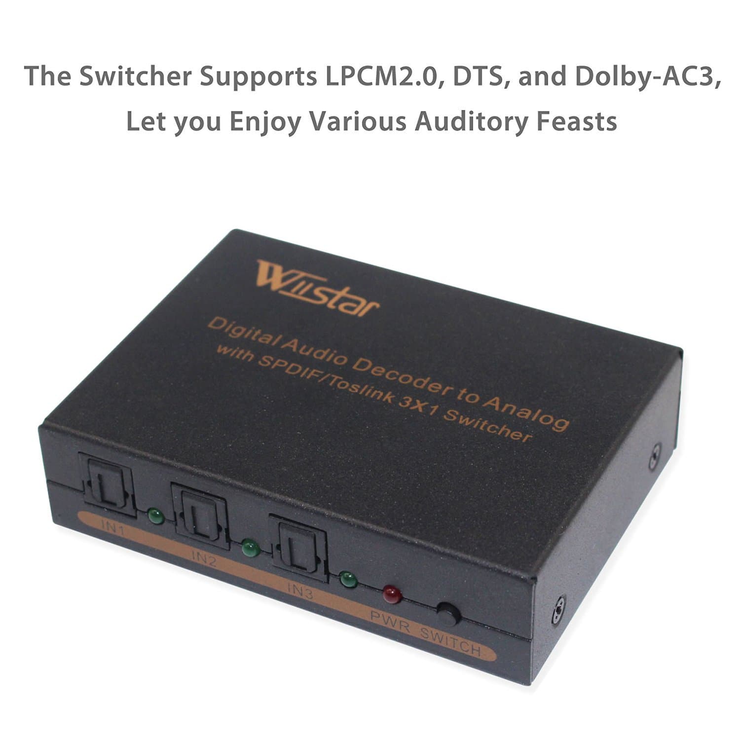 TOSLINK/SPDIF Optical Audio 3X1 Switcher with 5.1CH Decoder for Analog L/R and Headphone Outputs 2