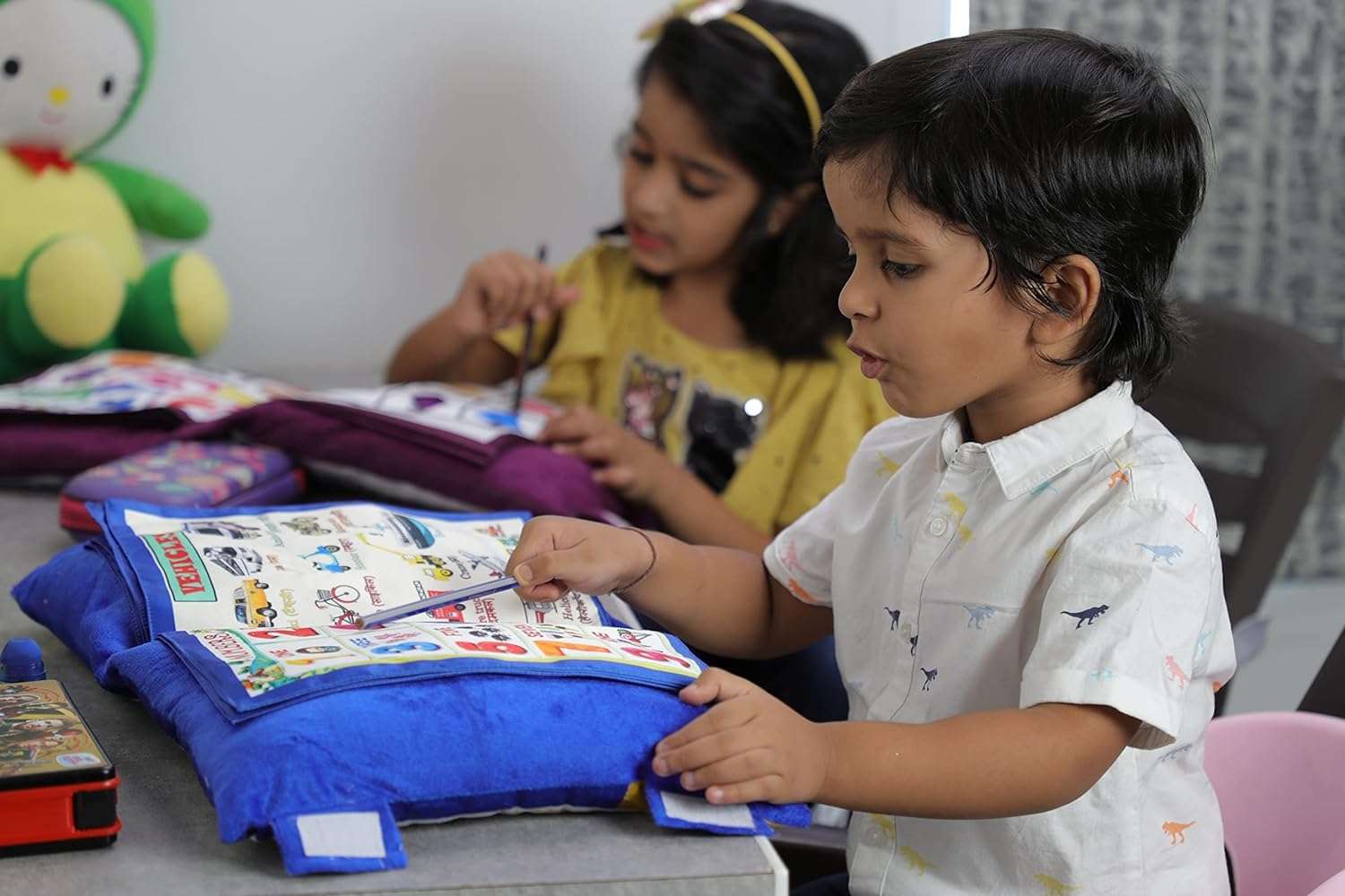 NISHOMES CartoonPrinted Learning Cushion Pillow Book for Kids 2 Languages ​​to Learn - English and Hindi, Soft Fabric Cloth Books, Developmental Books for Kids Boys and Baby Girls 4