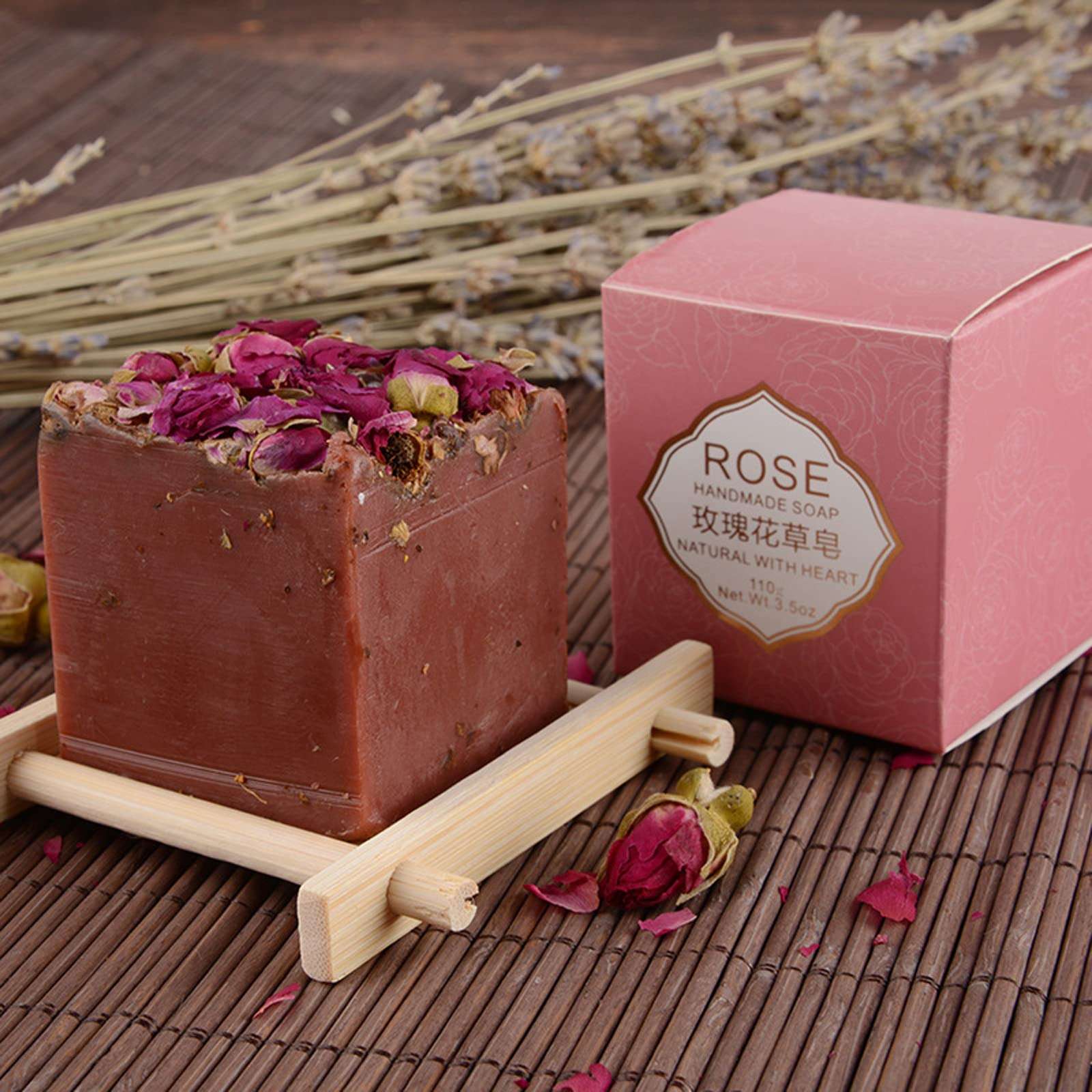 T-shin Rose Flower Botanical Soap Bar,110G Handmade Natural Rose Essential Oil Floral Face Body Soap,Moisturizing Artisanal Scented Bath Soap Gift with Blistering Net for Men & Women (Rose)