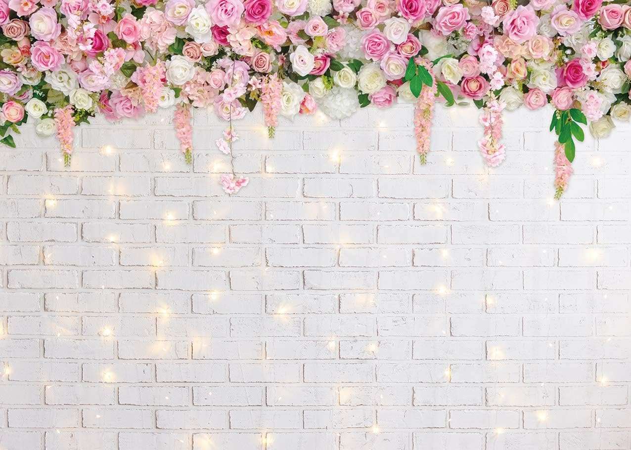Flower Wall Backdrop Glitter White Brick Wall Mother's Day Flowers Photography Background Mother's Day Wedding Bridal Baby Shower Birthday Party Spring Theme Decor Photo Booth Props (10x8FT) 3