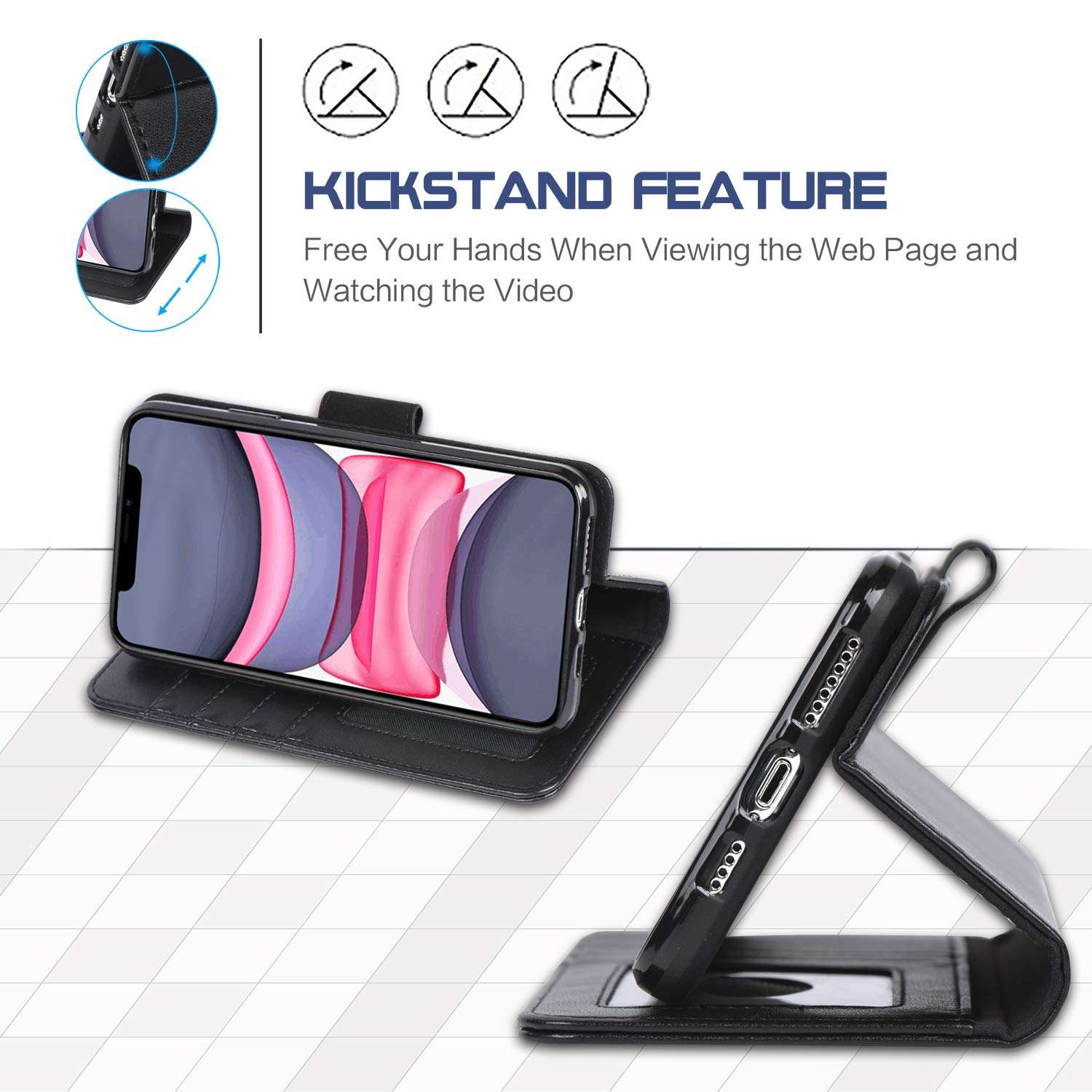 Arae for iPhone 11 Pro Max Case with Credit Card Holder and Wrist Strap - Blue 6