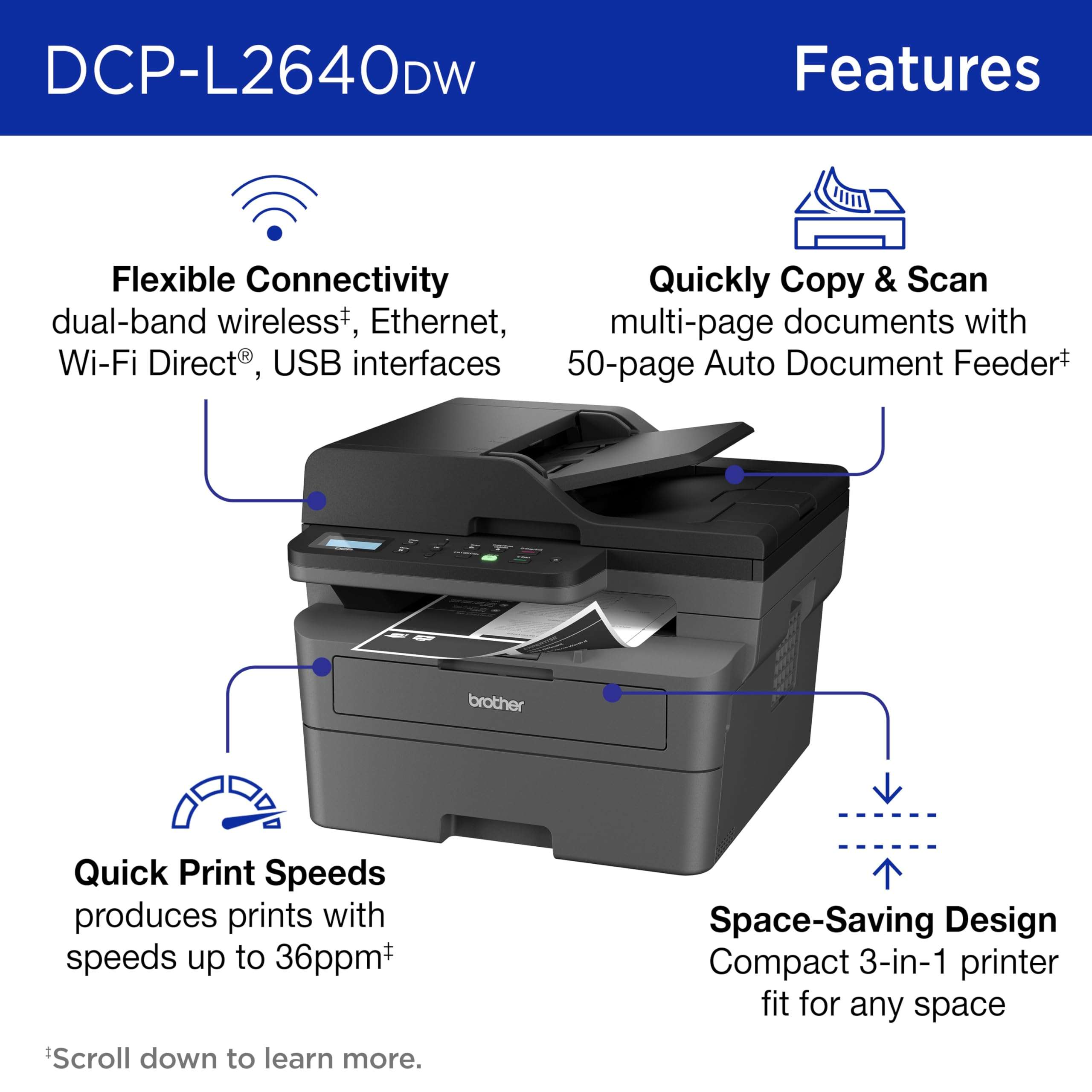 Brother DCP-L2640DW Wireless Compact Monochrome Multi-Function Laser Printer with Copy and Scan, Duplex, Mobile, Black & White | Includes Refresh Subscription Trial(1), Works with Alexa 3