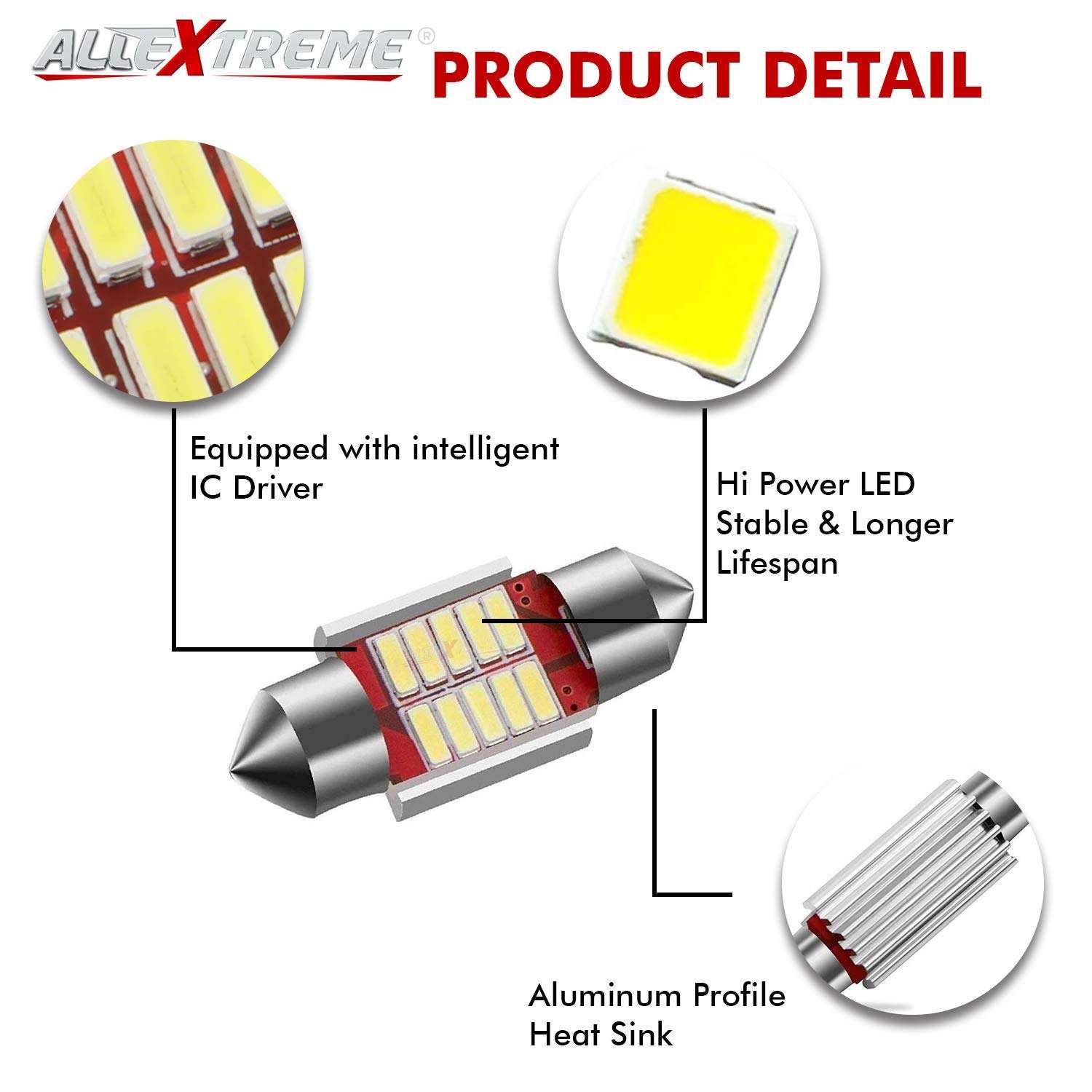 Allextreme EX10S1W 10 LED Universal Car Interior Super Bright Roof Light Reading Dome Bulb Lamp with Festoon Holder (5W, White, 1 Pc) 4