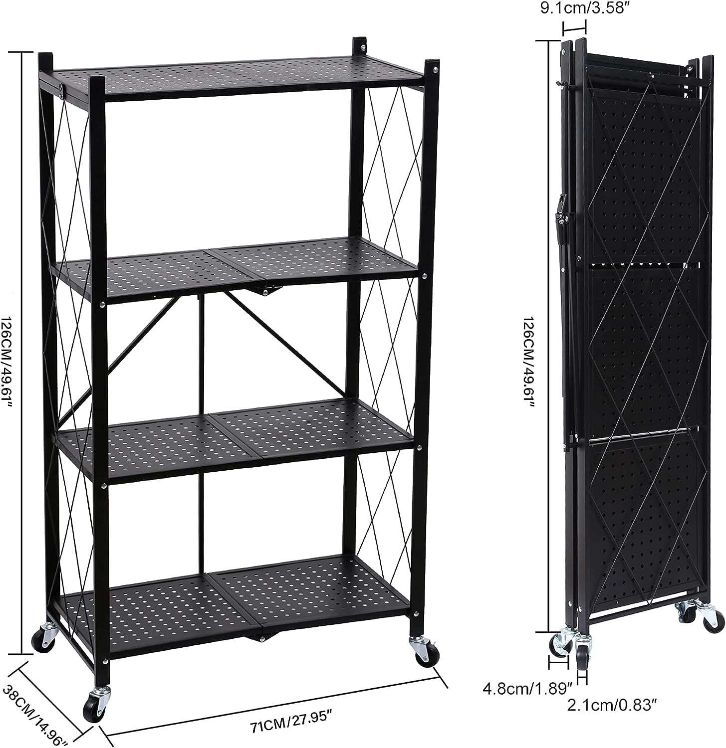 RAJA DHIRAJ 4-Tier Heavy Duty Foldable Metal Rack Storage Shelving Unit with Wheels Moving Easily Organizer Shelves Great for Garage Kitchen, Black (4 Layer) 3