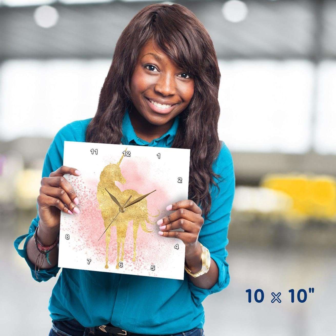 3dRose Wall Clock Silent - 10 inch - Image of Blush Pink Sparkle Confetti Gold Unicorn - PS Animals 5