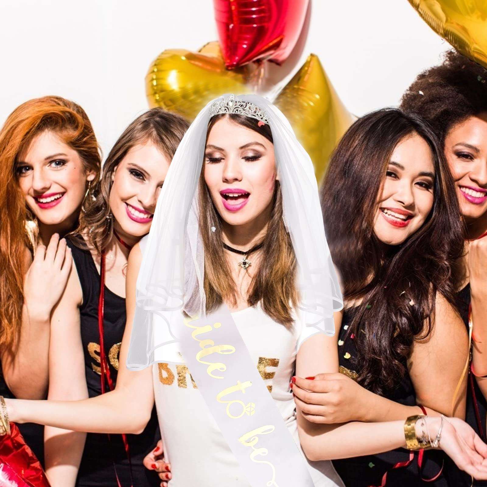 CIEHER 3 Pack Bachelorette Party Decorations - Crystal Crown, Bride To Be Sash & Wedding Veil for Bachelorette Party Favors Bridal Shower Gifts for Bride 5