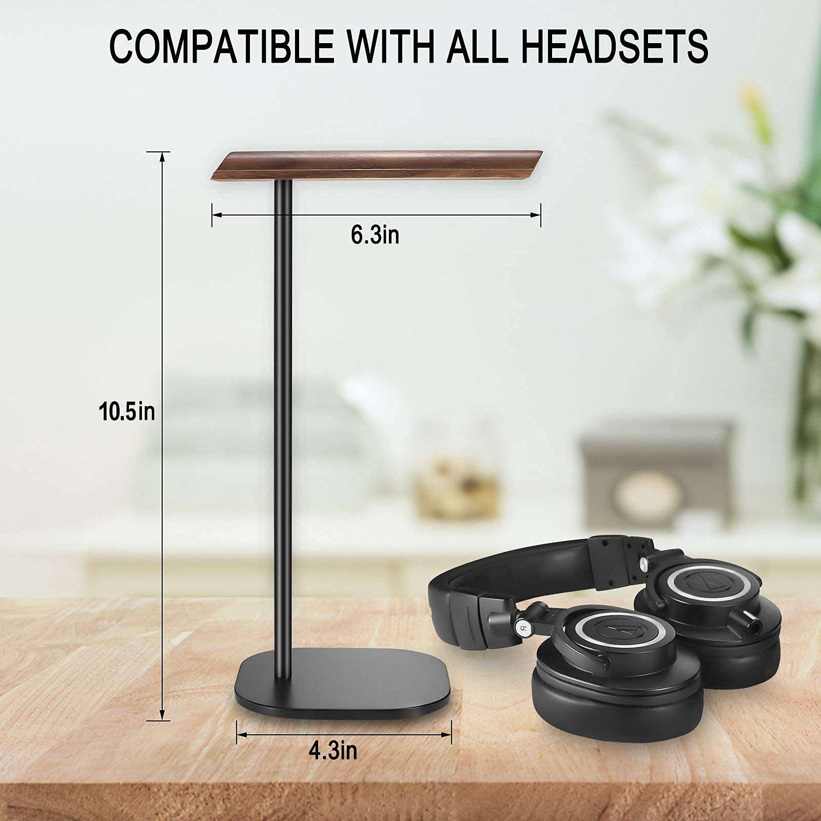 G GVOEARS Headphone Stand, Walnut Wood Headset Stands, Support Dual Headphones Suspension & Aluminum Alloy Support Rod Hanger, Dual Headphones Stand,Headset Holder 3