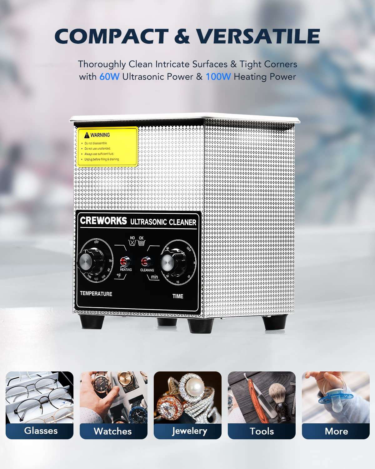 CREWORKS 2L Ultrasonic Cleaner with Heater & Timer, 60W 304 Stainless Steel Sonic Cleaner, 0.5 gal Compact Ultrasonic Parts Cleaner, Professional Lab Ultrasonic Cleaner for Jewelry Watch Coin Glasses 5