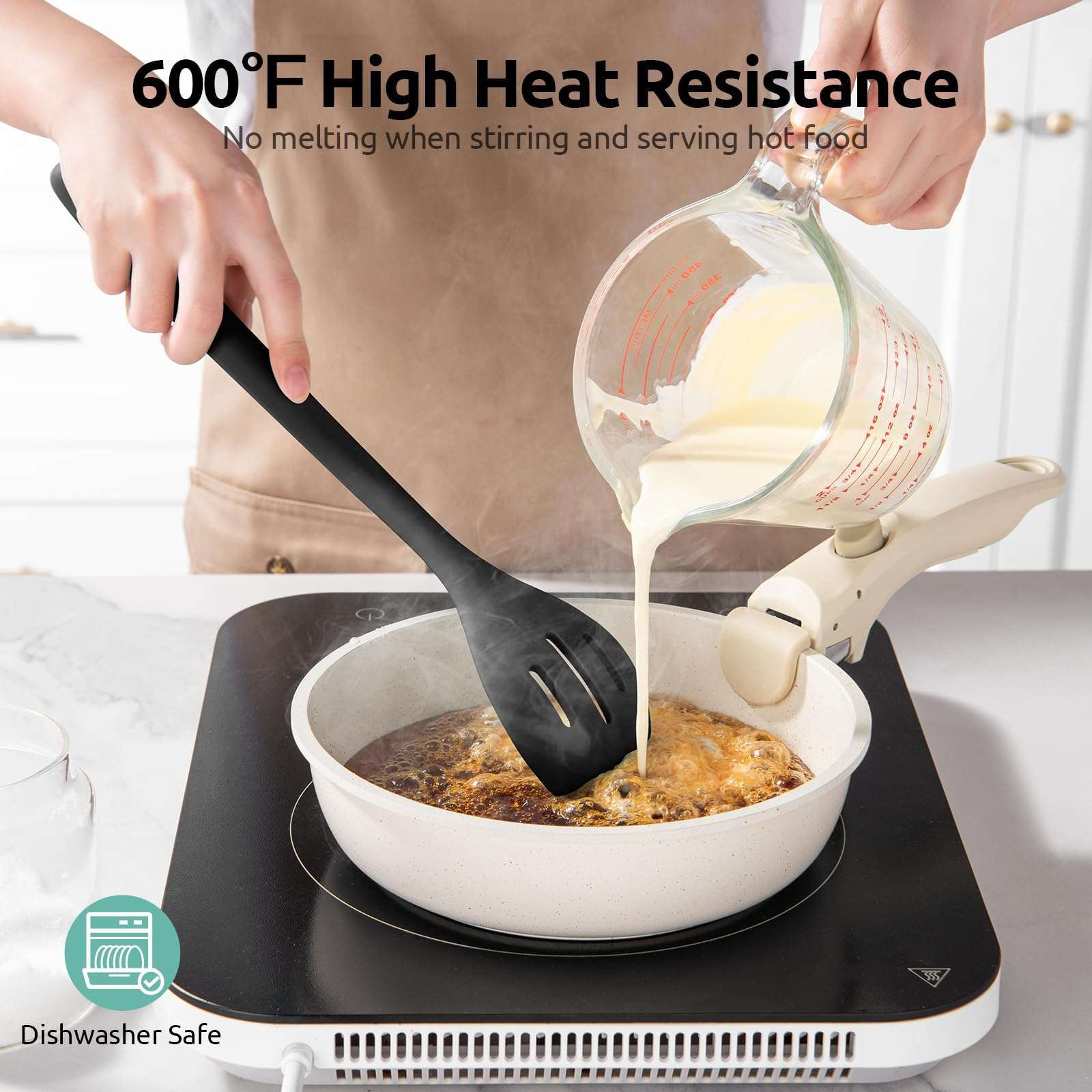 U-Taste 600℉ Heat Resistant Food Grade Non Stick Firm Cooking Tongs Set of 2, and 600ºF Heat Resistant Silicone Spoons, 13.3in Solid & Slotted Kitchen Mixing Tool (Black) 6