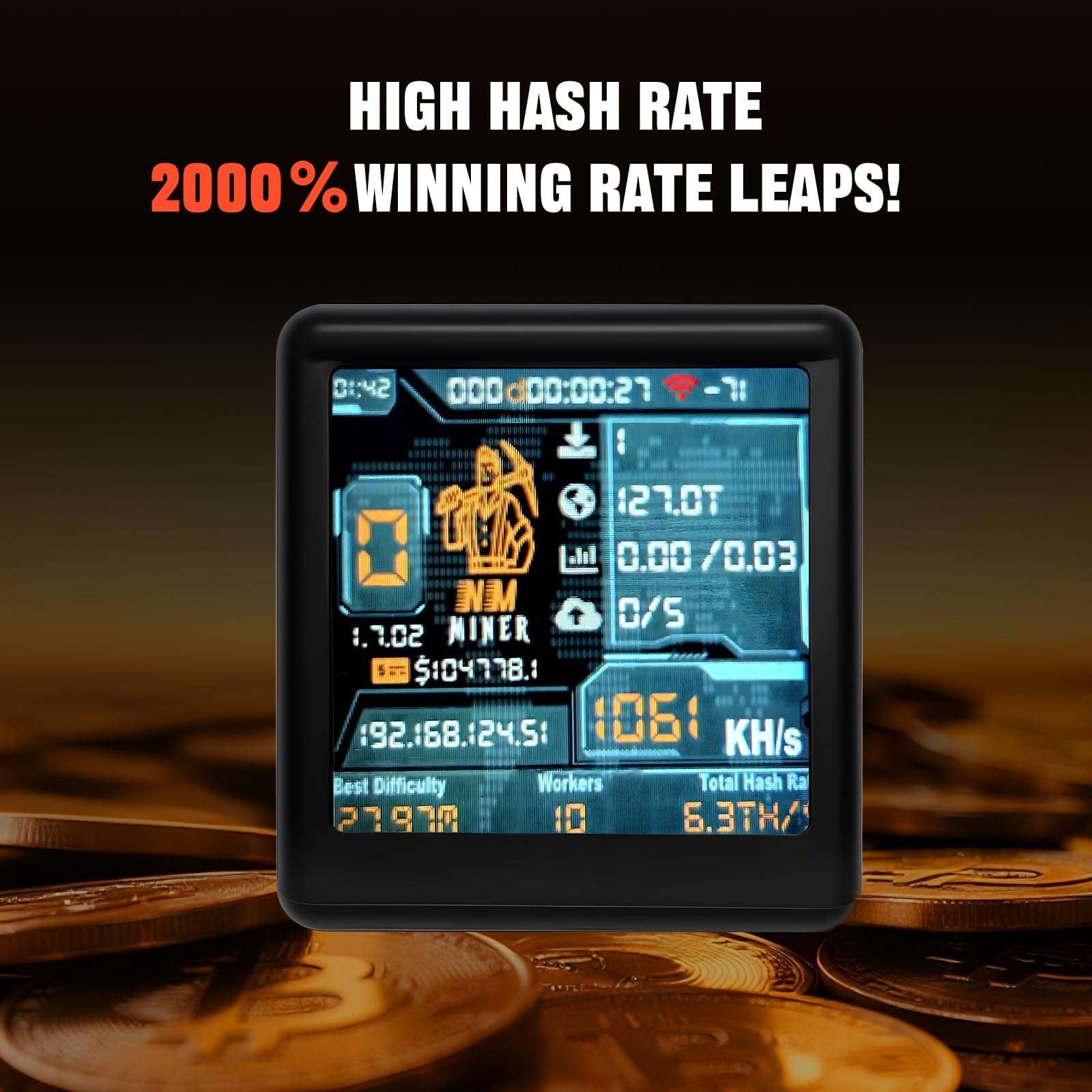 Reiwudo Bitcoins Miner USB Miner 1060KH/s Desktop-Style V2 ESP32 Hashrate 1.54 Inch Smart Display Crypto Solo Lottery Miner Solo Mining 2000% Win Boost (Black) 5