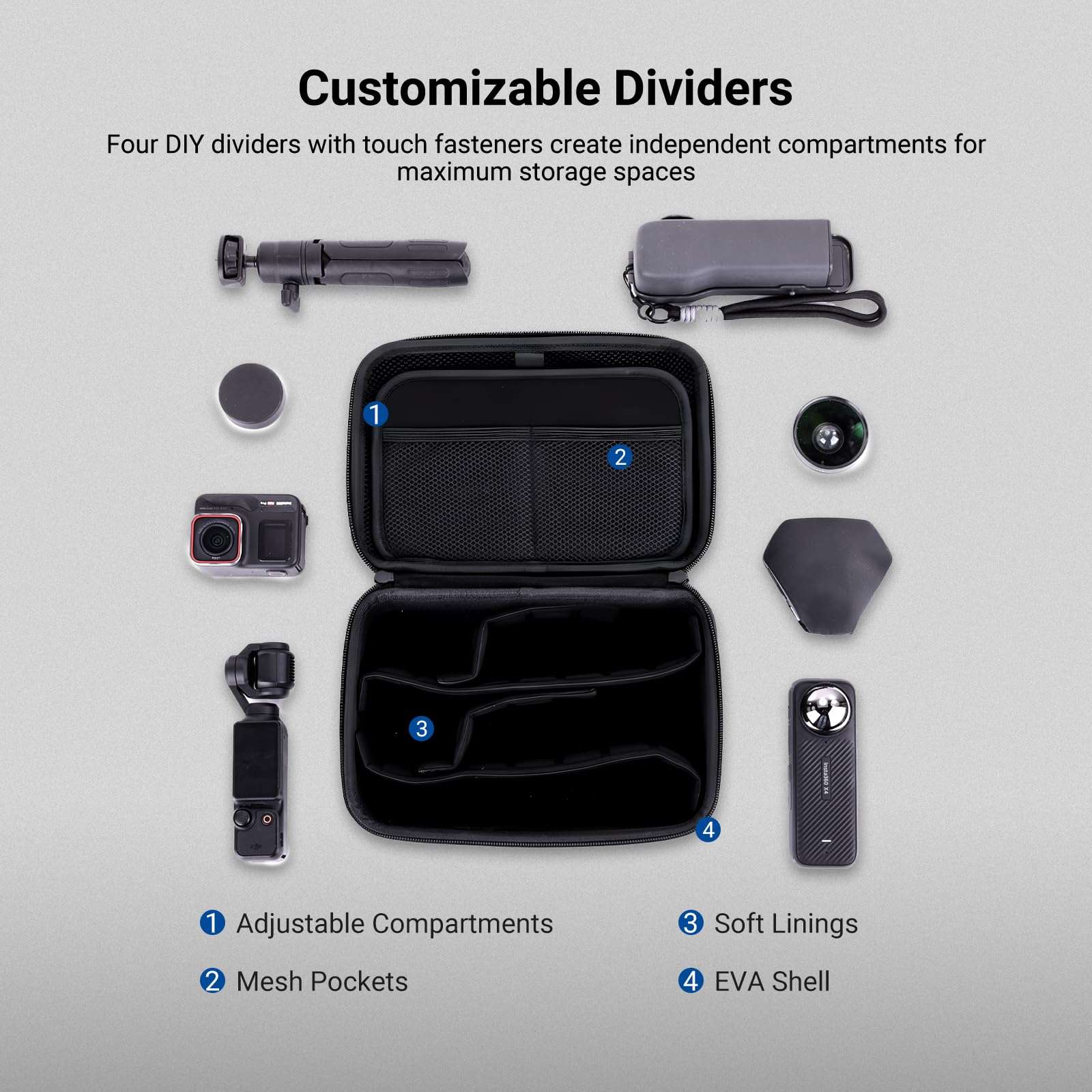 NEEWER Carrying Case for Action Camera & Accessories, Splashproof Protective Storage Bag with DIY Dividers & Mesh Pockets Compatible with GoPro DJI Osmo 360 Action 5 Pro Pocket 3 Lens, PB27 4