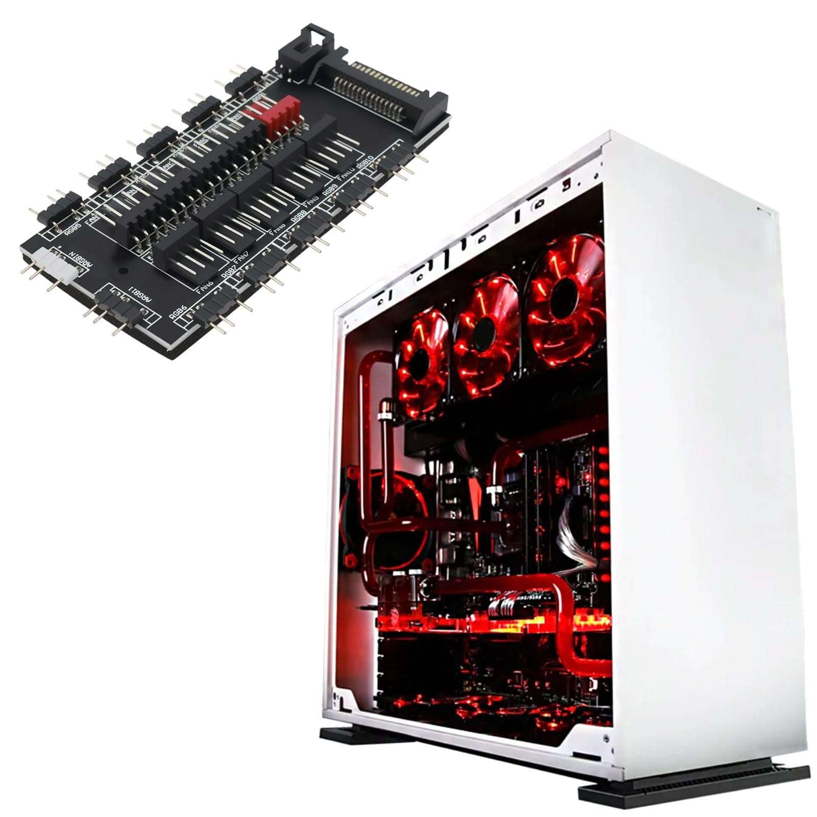 Micro Traders 2-in-1 Synchronous RGB Control Hub PWM 4pin and 5V 3pin ARGB GPU Fan Lighting Control with Sata Power Port Expansion Motherboard Interface 4