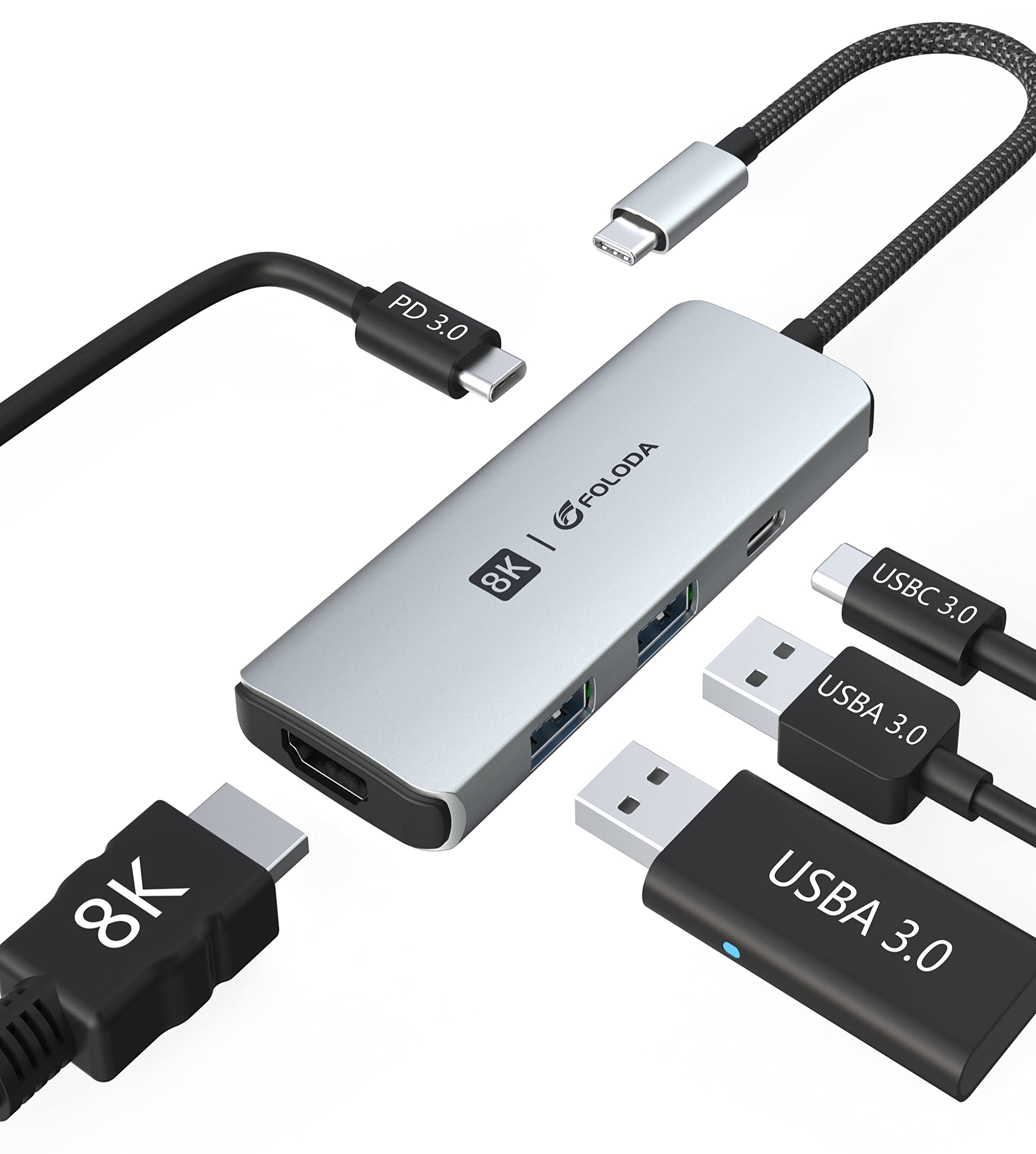 8K USB C HDMI Hub, Steam Deck Dock, USB C Adapter with 8K@30Hz, 4K@120Hz/60Hz/30Hz Ultra HDR Display, PD 100W, USB 3.0 * 2 for Steam Deck, MacBook Pro, Laptop with Thunderbolt4/3, Type C Connector 1