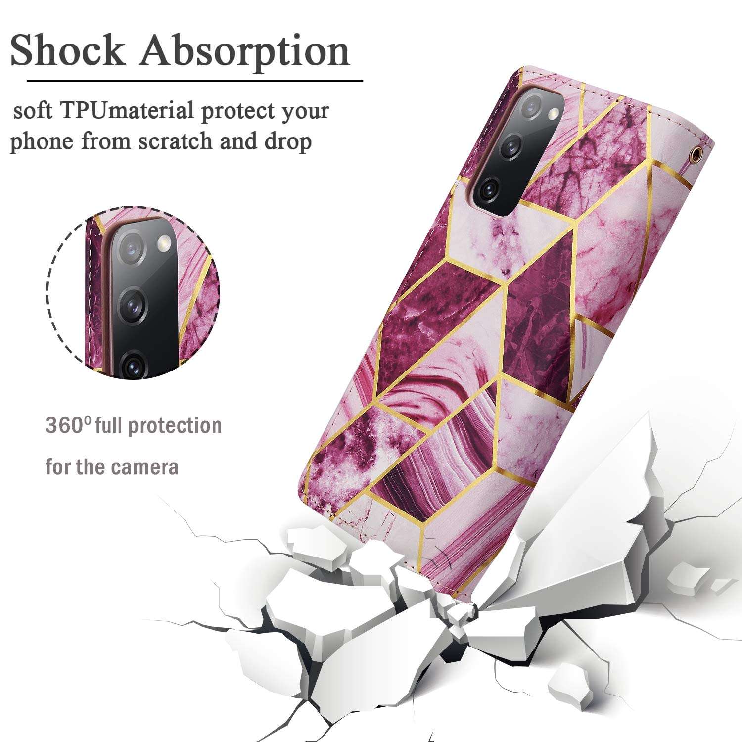 DEFBSC Zipper PU Marble Case for Samsung Galaxy S20 FE 5G,Wallet Case with Card Slots Wrist Strap, Magnetic Closure Kickstand Function Full-Body Protective Cover for S20 Fan Edition 5G 6.5"-Purple 5