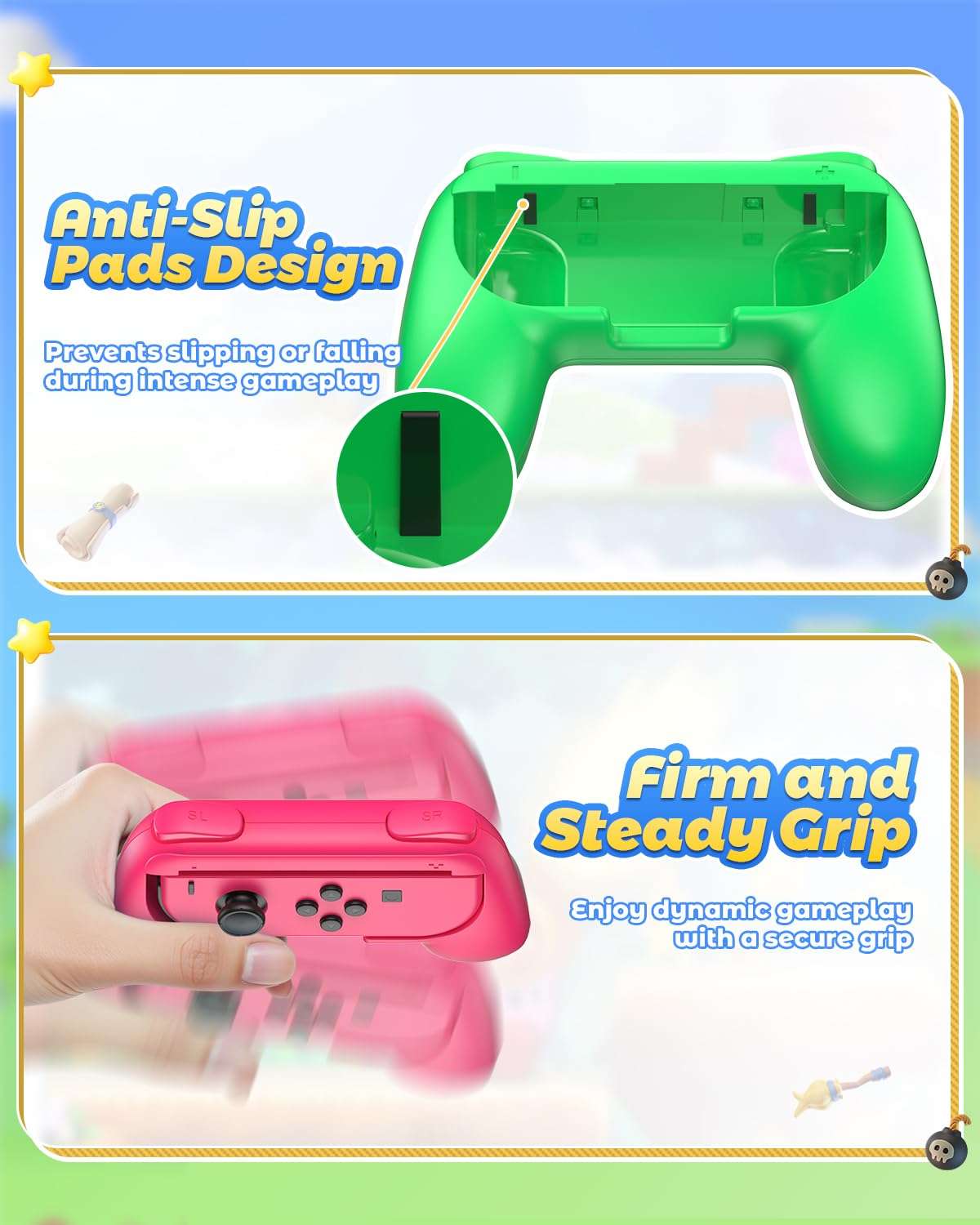 FYOUNG Hand Grips Compatible with Switch/Switch OLED Model Controllers, Grip Compatible with Switch Joy Con- Green and Pink (2 Packs) 4