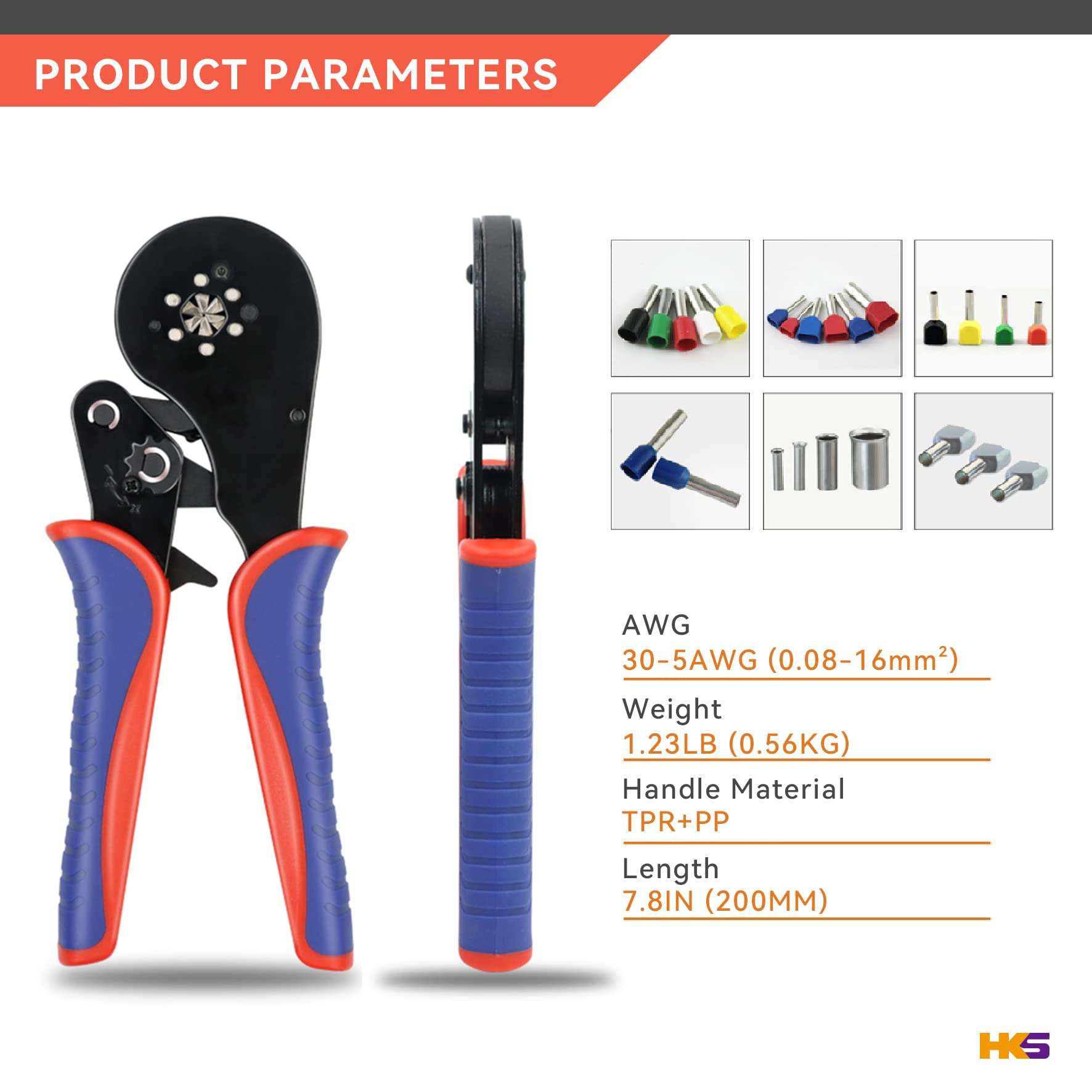 HKS Ferrule Crimping Tool Kit AWG 30-5 with 1200PCS Red Copper Terimnals, Hexagonal Self-Adjusting Ratchet Crimper for End-Sleeves (16-6S with 1200PCS Kit) 3