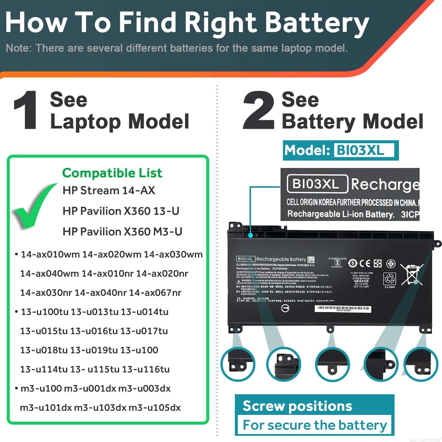 BI03XL Battery Compatible with HP Pavilion X360 M3-U 13-U M3-U001DX M3-U103DX 13-U100TU 13-U118TU Stream 14-AX 14-ax010nr 14-ax020wm 14-ax030wm TPN-W118 Laptop ON03XL HSTNN-LB7P HSTNN-UB6W 843537-541 4