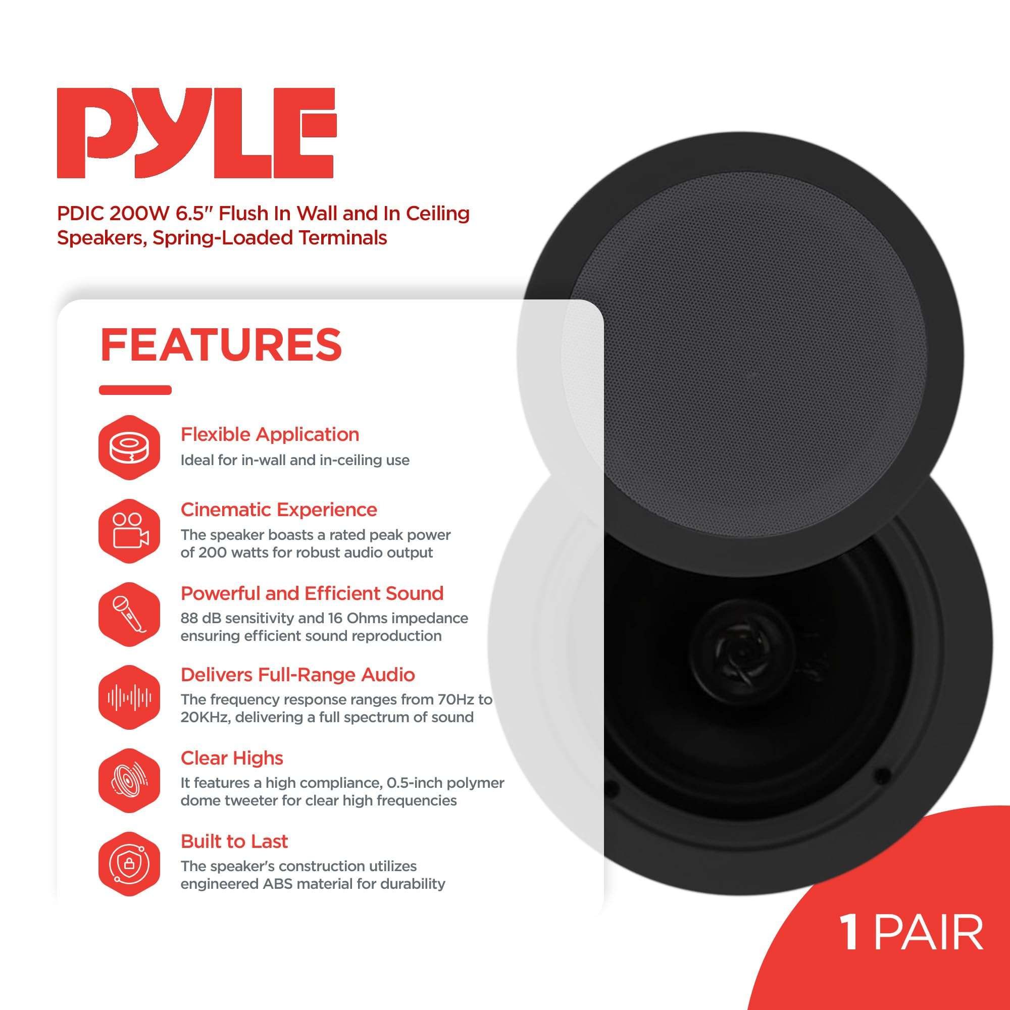 Pyle 2 Pair Speakers, 200W 6.5" Flush Mount in Wall/in Ceiling Speakers with Spring-Loaded Terminals, PDIC Series, Black 3