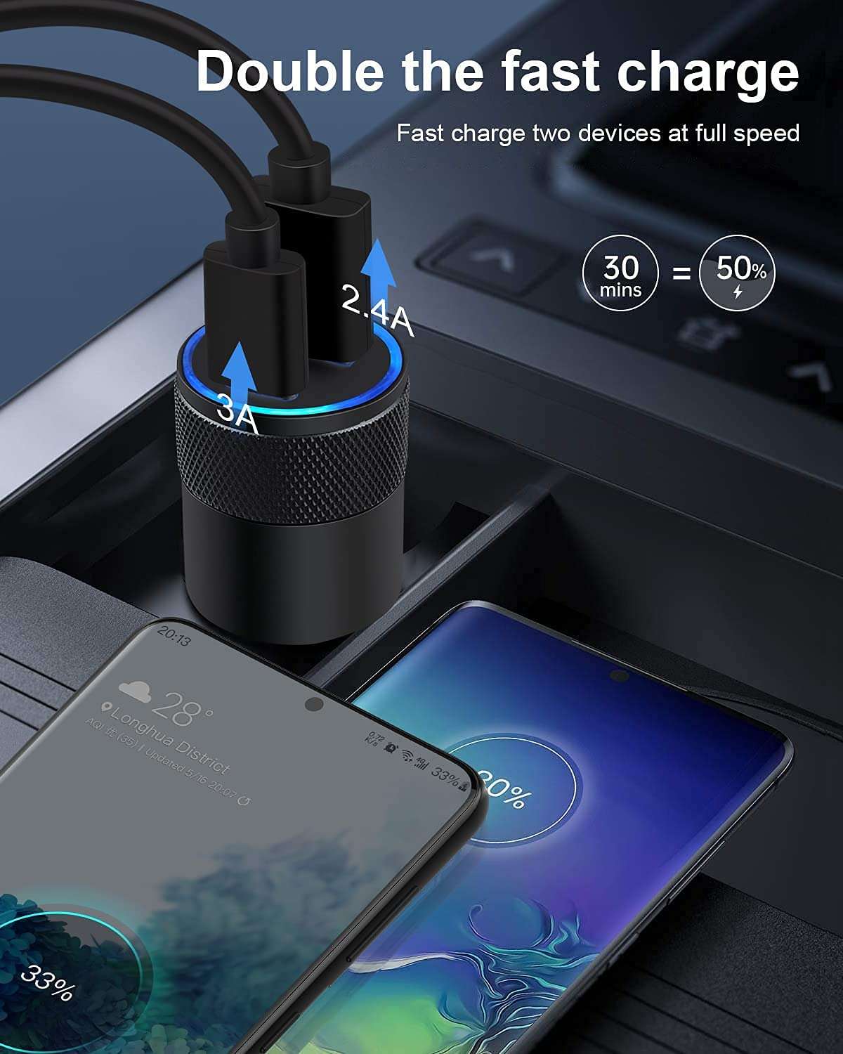 USB C Car Charger, USB Type C Fast Power Charging Block Dual Port USB A & USBC Plug Cargador Carro Lighter Adapter for Compatible 6