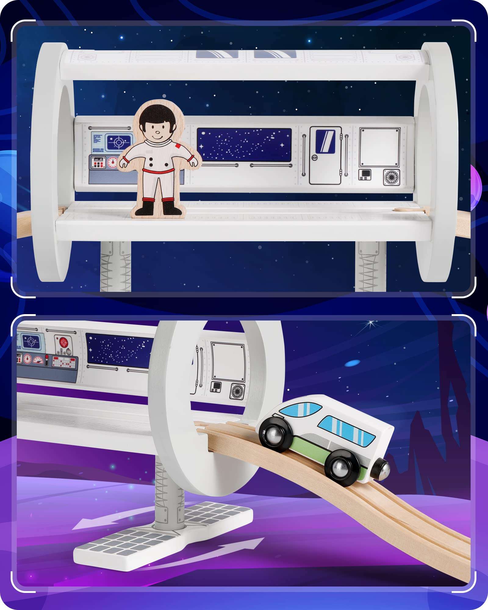 SainSmart Jr. Wooden Train Track Accessory, Space Station Train Set with Astronaut & Cosmic Train for Kids and Toddlers Aged 3+ 4