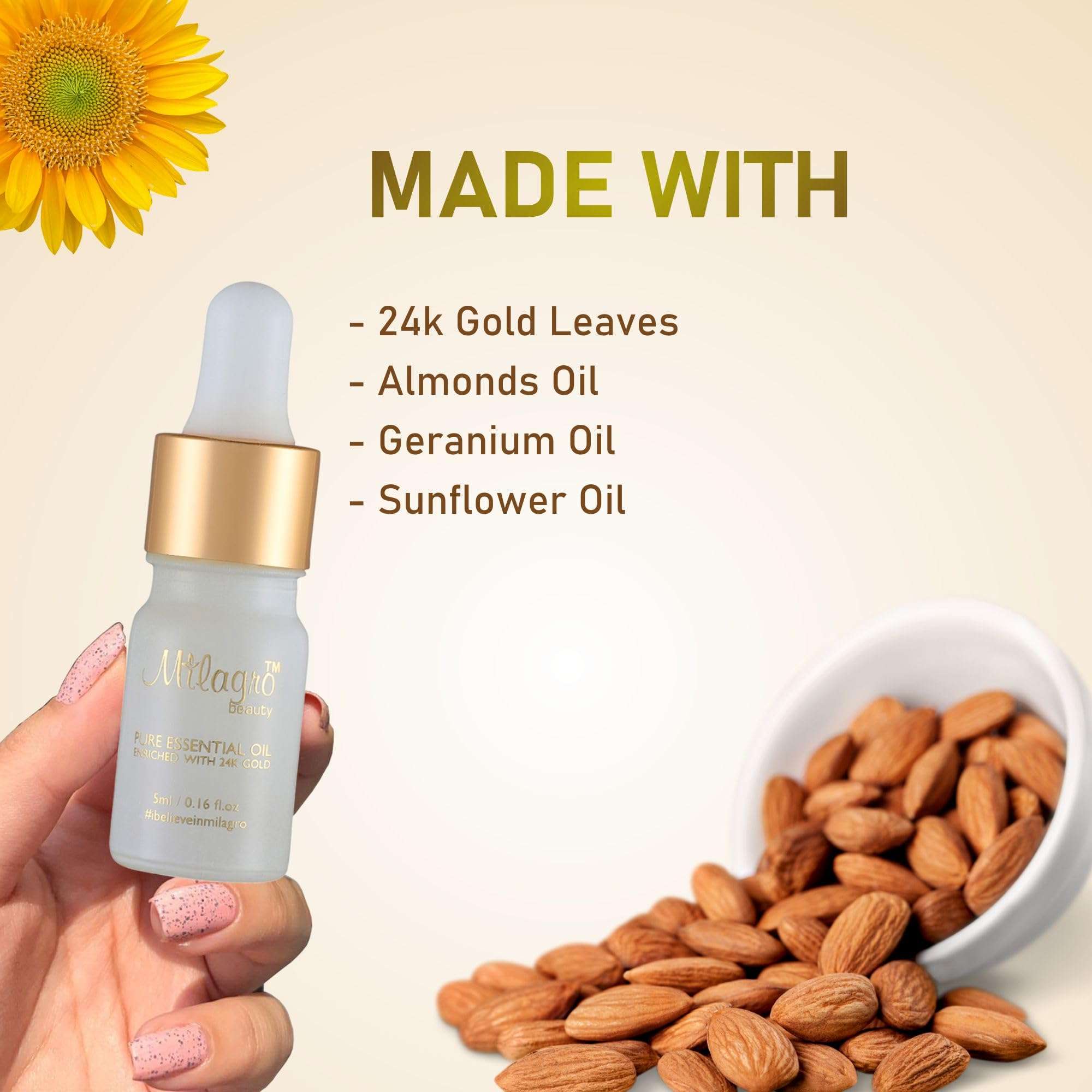 Milagro Beauty 24K Gold Leaves Pure Essential Oil with Goodness of Lemongrass, Sunflower & Almond for Skin Hydration Anti-ageing Glow Booster Primer for Dewy Foundation Finish (5ml) 4