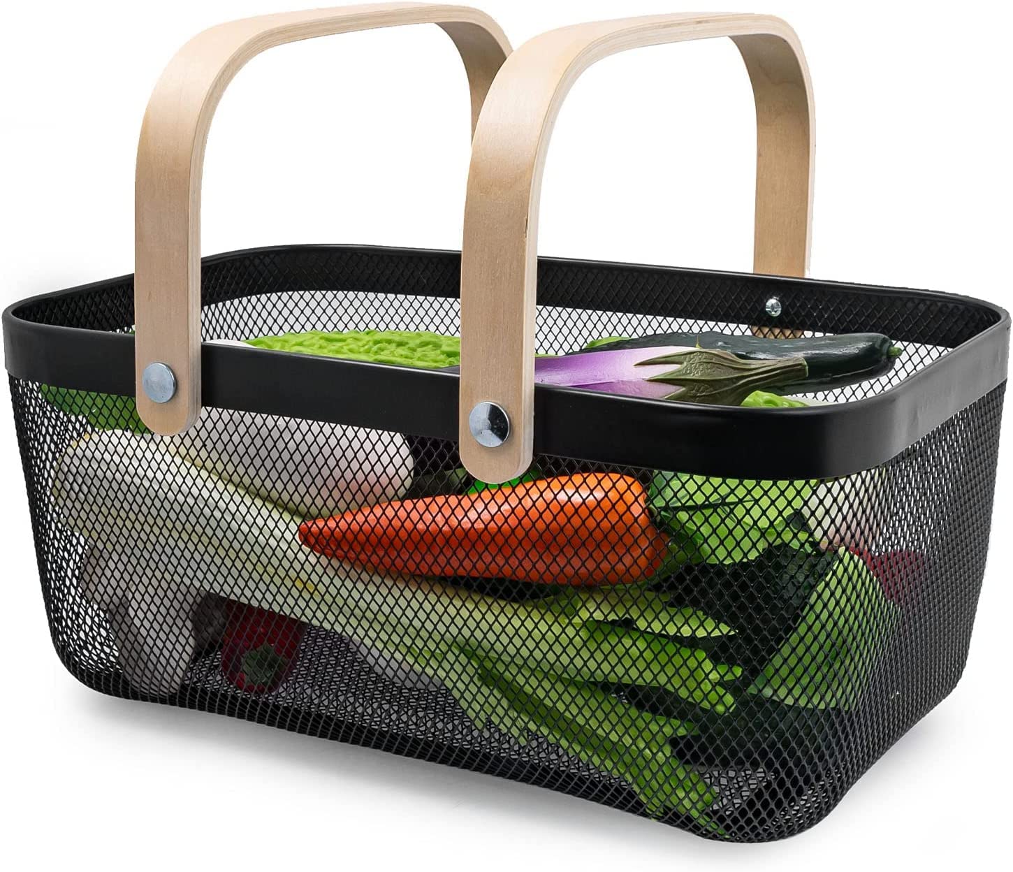 NYTRYD Metal Wire Mesh Steel Storage Organizer Basket Bin with Wood Handle Multi-functional Hanging Basket Solutions for Kitchen Bathroom Garden Home Decor