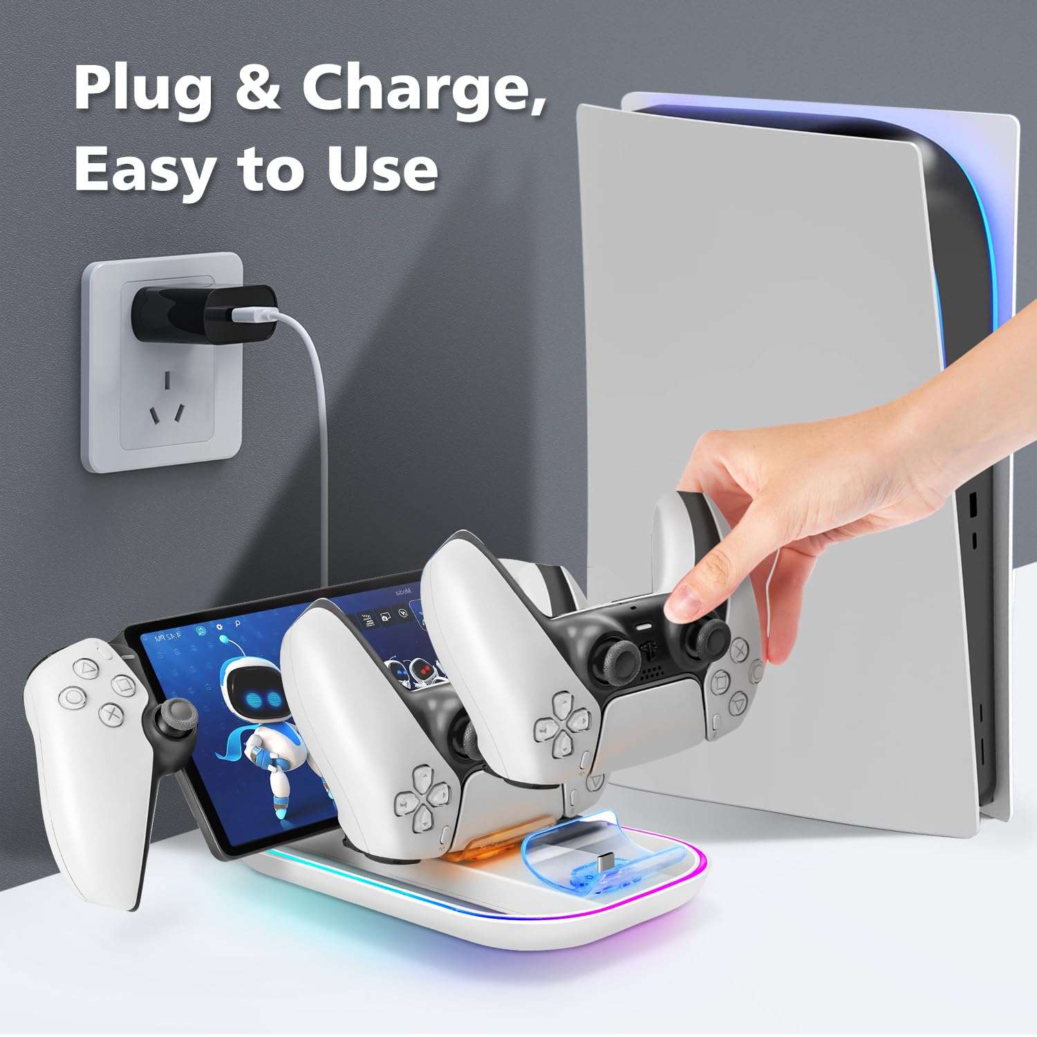 Charger Station for PlayStation Portal, Charging Dock with with 14 RGB Light & USB Type C Cable, Charge Base Holder for PS5 Controller & PlayStation Portal Remote Player Accessories (White) 6