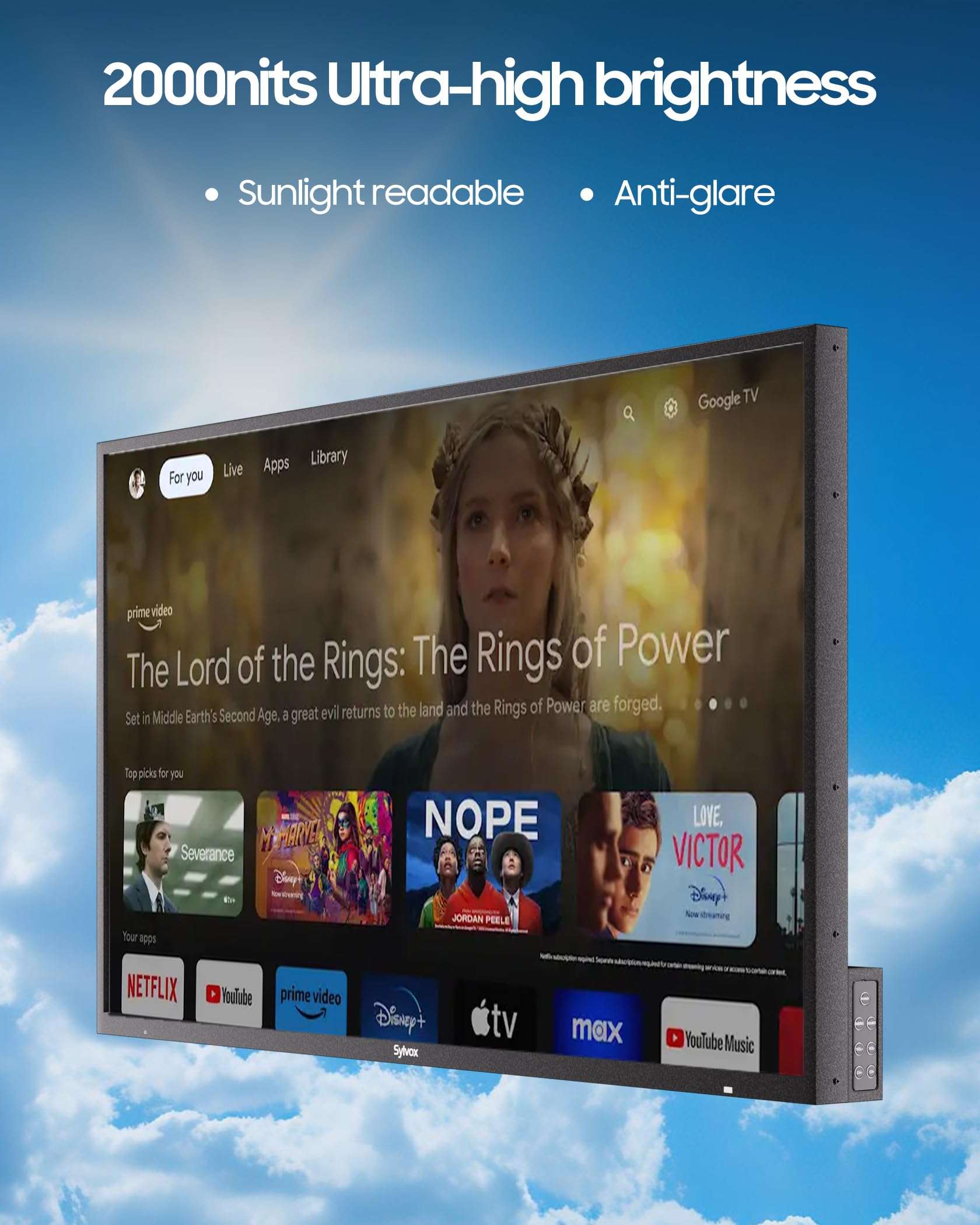 SYLVOX Outdoor TV with TV Soundbar, 55 inch 2000 Nit High Brightness Smart Outdoor TV, 4K Sunlight Readable Display, IP55 Waterproof, Smart TV for Outdoor Households or Commercial Places 4