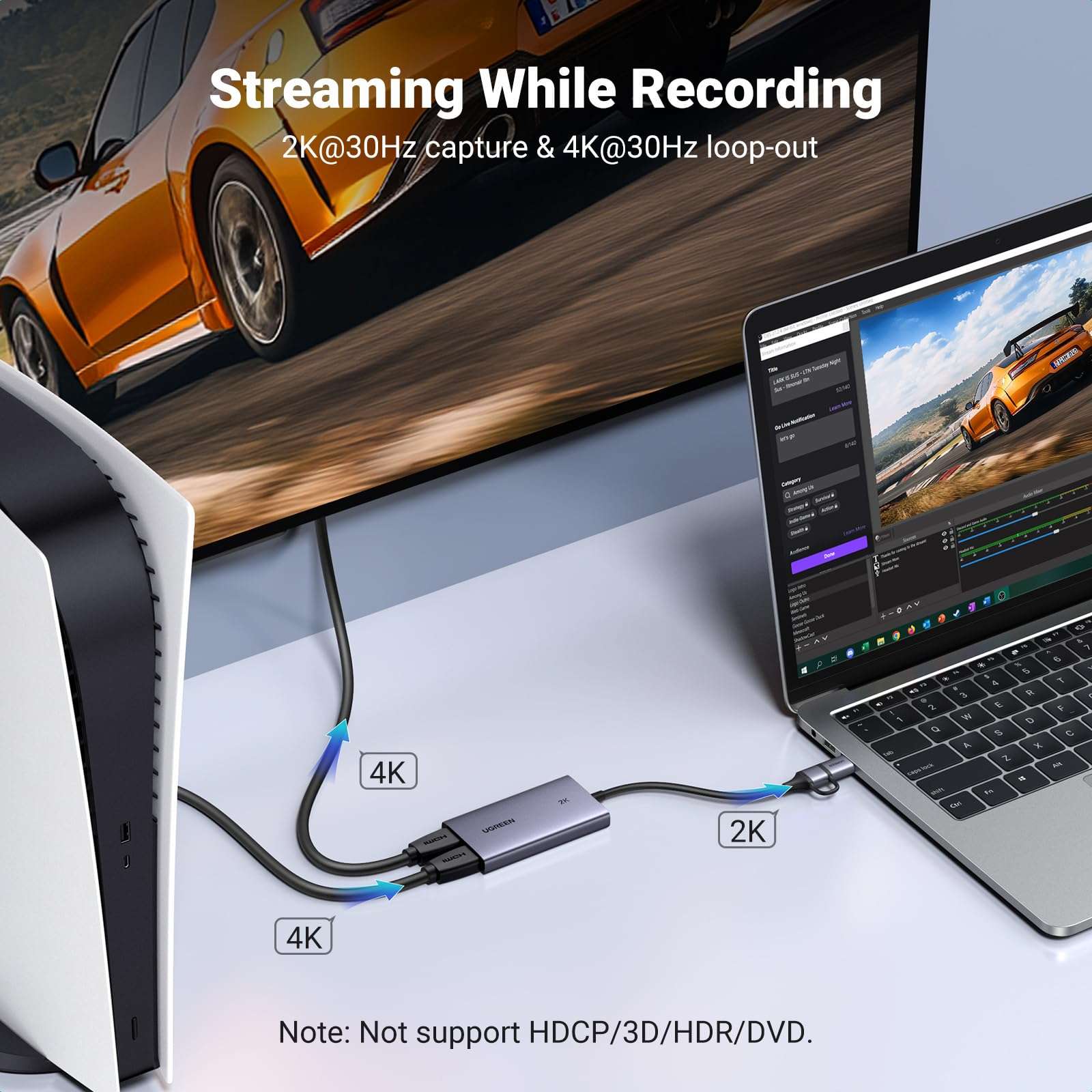 UGREEN 2K@30Hz HDMI Capture Card, 4K@30Hz HDMI Loop Out Video Capture Card USB 3.0 Full HD 1080P 60FPS with Low Latency for Streaming Gaming, Recording, Compatible with Switch 2, PS5, Xbox, PC, Mac 4