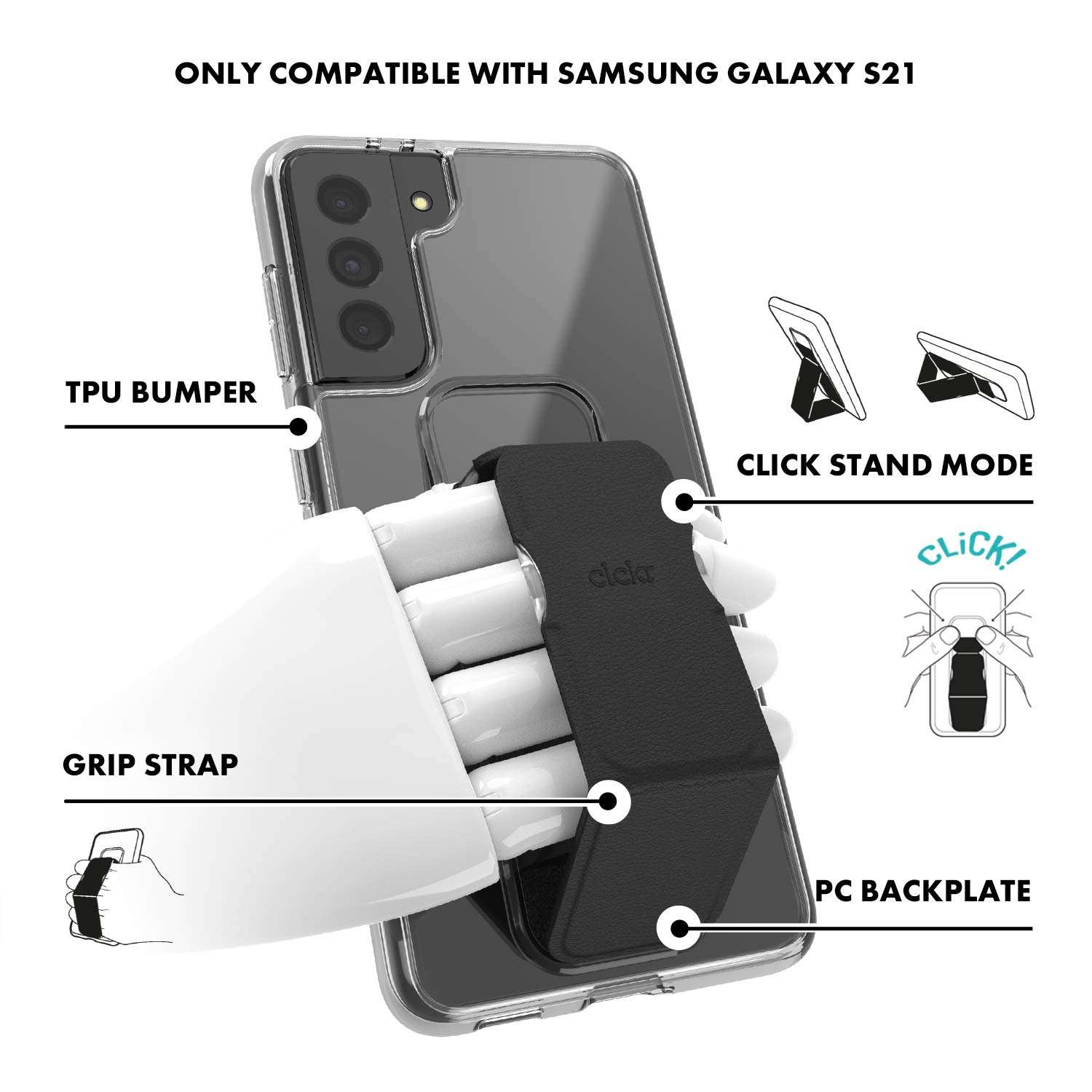 CLCKR Compatible with Samsung Galaxy S21 Cell Phone Case with Phone Grip and Expanding Stand, Transparent Phone Case with Expanding Stand, Clear 2