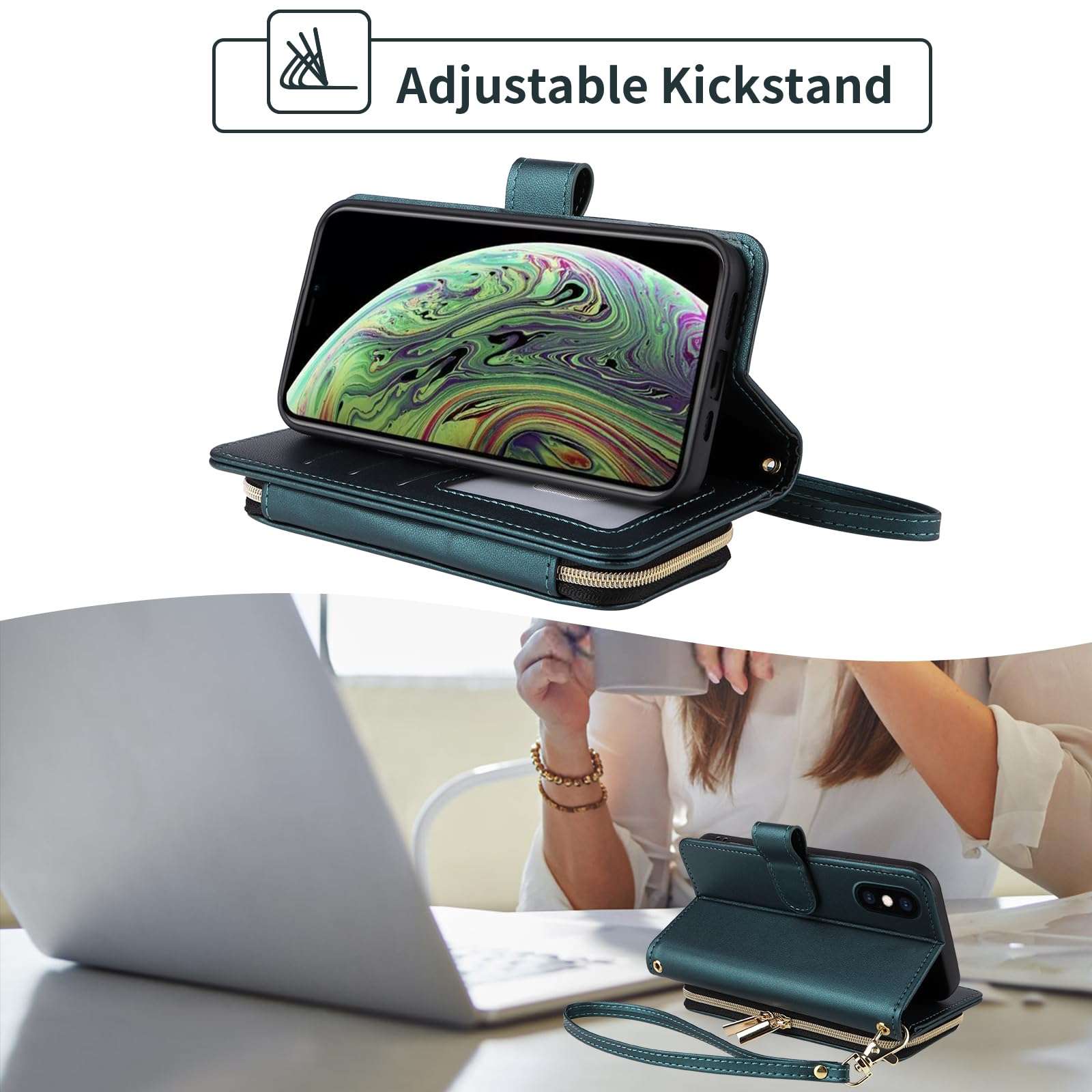 Furiet Argyle Wallet Case for iPhone Xs Max with Wrist Strap Shoulder Strap Card Slots Zipper Purse, Luxury PU Leather Stand Phone Cover for i X XR Xsmax 10x SX Xmax 10xs 10s 10 Plus Xmaxs Green 3