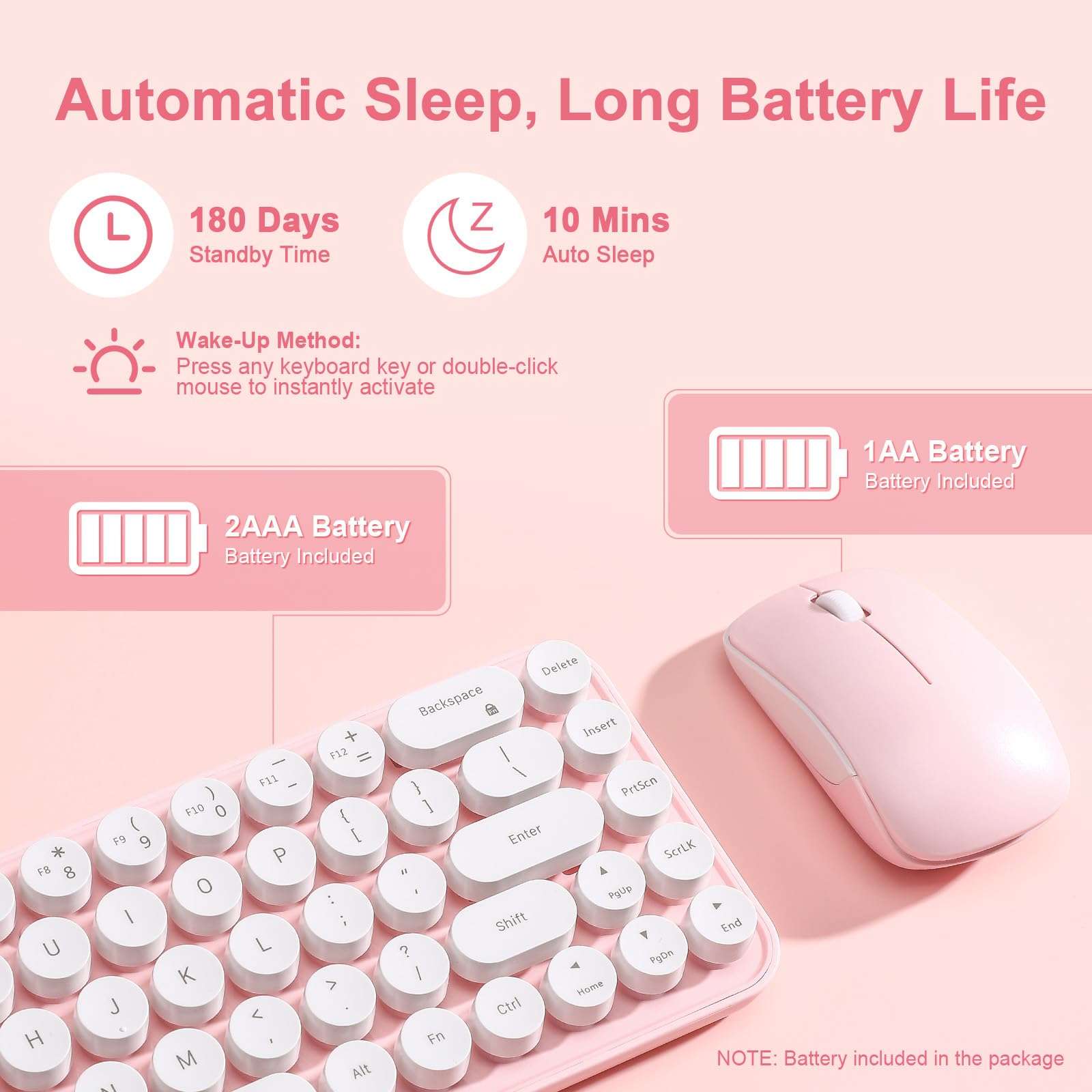 MIKIBY i68 Wireless Typewriter Keyboard and Mouse Combo,Pink Keyboard with 2.4GHz Connection, Cute Retro Aesthetic Design Round Keycaps for Tablet, Phone, PC and Win/Mac/Android(Pink) 6
