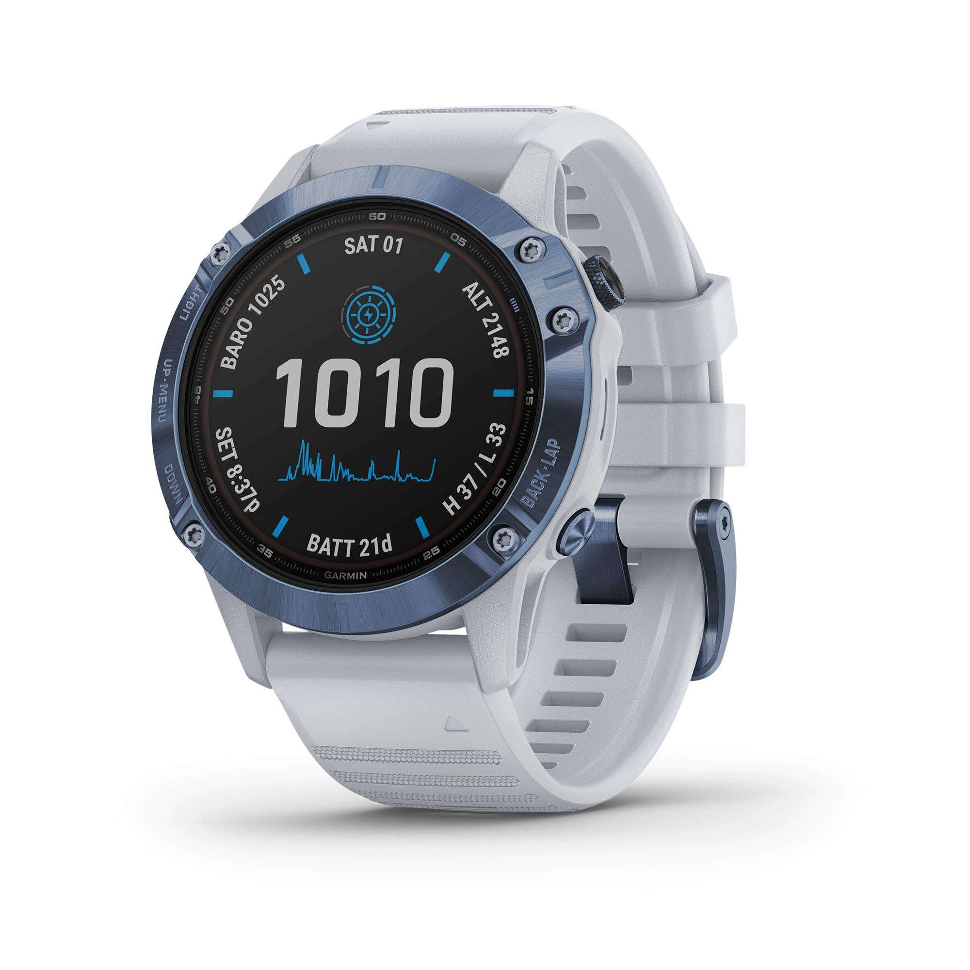 Garmin Fenix 6 Pro Solar, Multisport GPS Watch with Solar Charging Capabilities, Advanced Training Features and Data, Mineral Blue with White Band