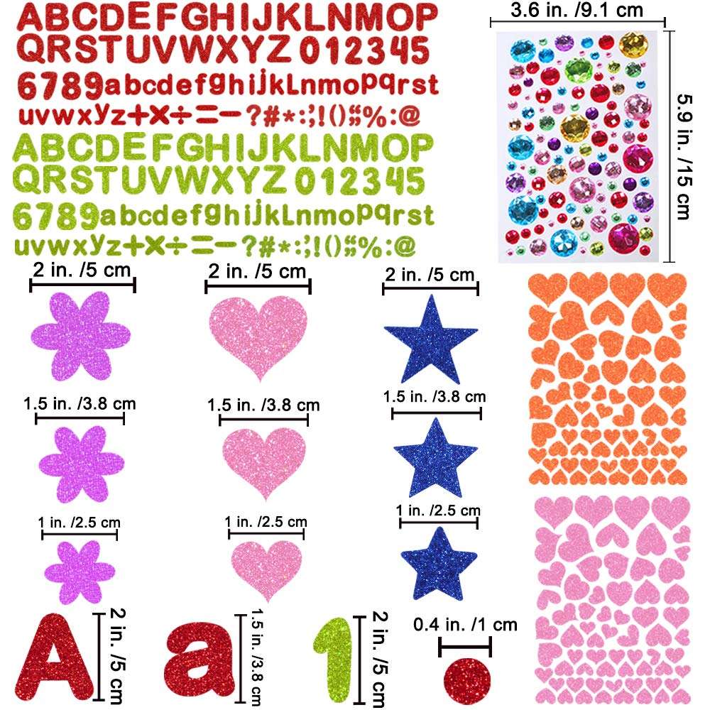 400 Pcs Assorted Foam Glitter Stickers Self Adhesive Foam Die Cut Alphabet Letters Numbers Punctuation Mark Star Heart Flower Foam Craft Shapes EVA 1" 1.5" 2" for Classroom Fun Home Activities Kids 2
