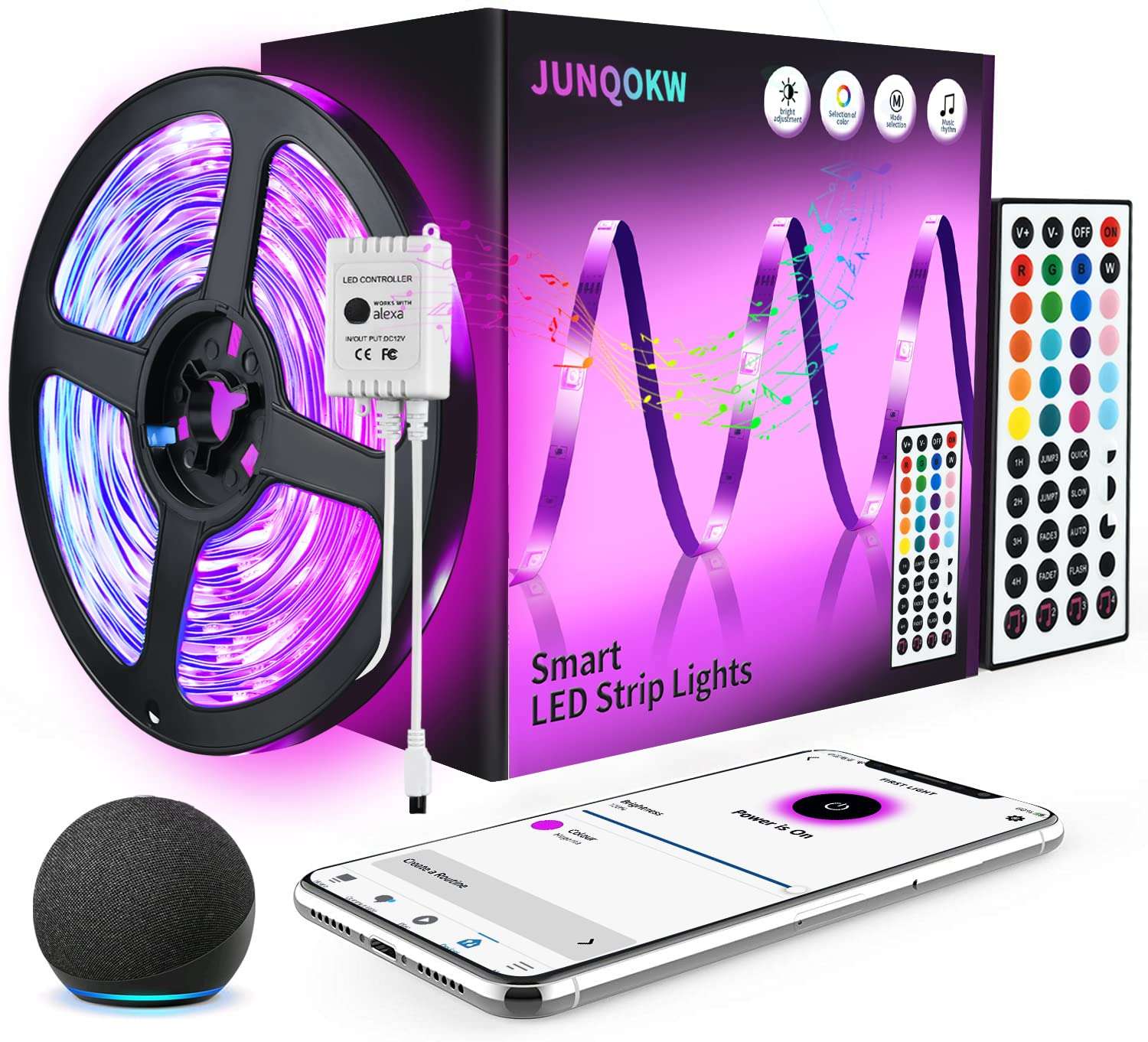 JUNQOKW 65.6ft Smart LED Strip Lights for Bedroom Music Sync LED Light Strips Work with Alexa,5050 RGB Color Changing LED Kit Lights with 44 Keys IR Remote Control,Home and Kitchen Decorations