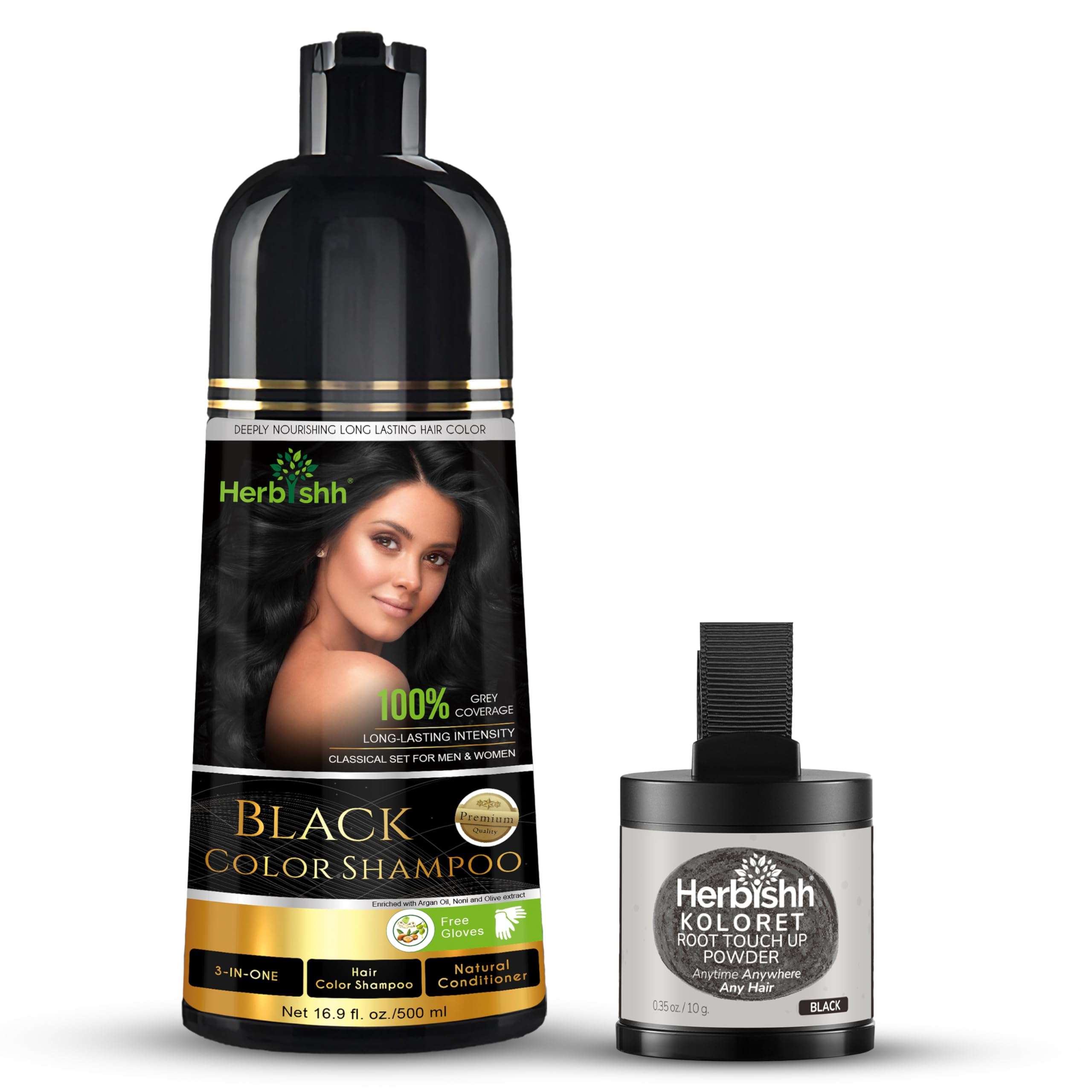 Herbishh Hair Color Shampoo for Gray Hair – Magic Hair Dye Shampoo 500ml Black + Koloret Root Touch Up Powder– Natural Black Powder for Women & Men 10g