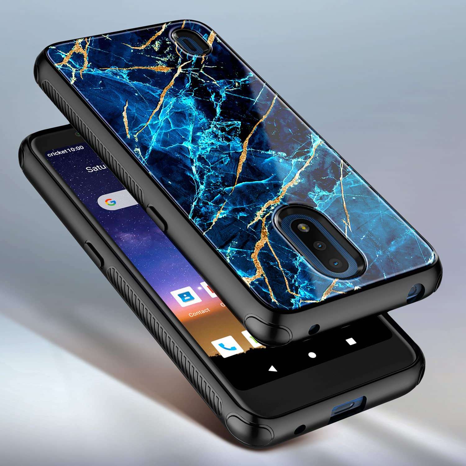 NZND Case for Nokia C2 Tava/Nokia C2 Tennen (Cricket Wireless) with Tempered Glass Screen Protector (Maximum Coverage), Hybrid Defender Protective Shockproof Durable Case -Marble Design Sapphire 3