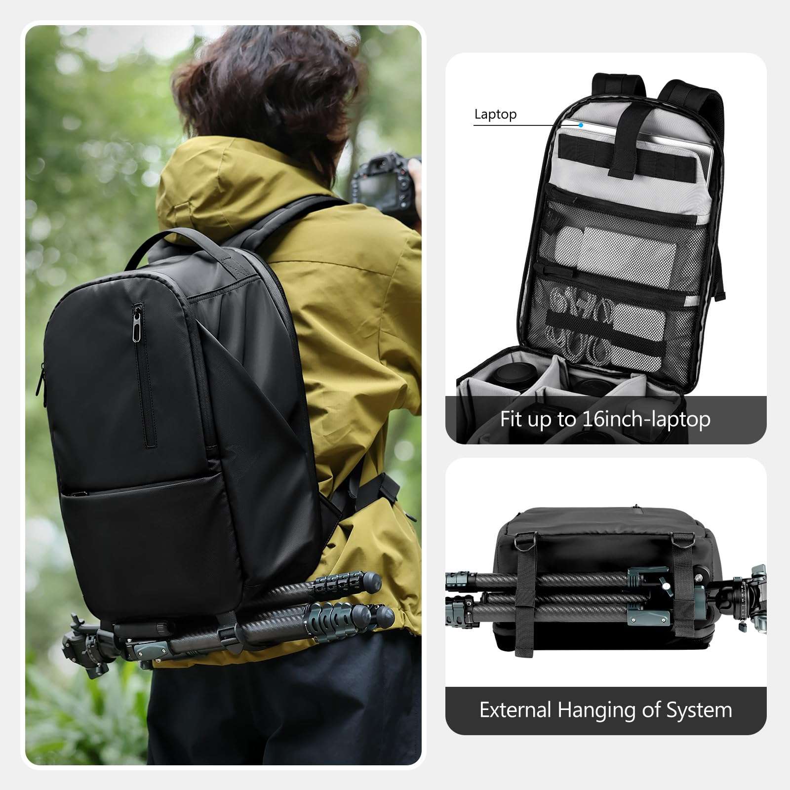 TAAOKA Camera Backpack, DSLR/SLR/Mirrorless Camera Bag for Photographer, Waterproof Camera bag with Tripod Holder & 16in Laptop Compartment Compatible with Canon/Nikon/Sony, Black 6