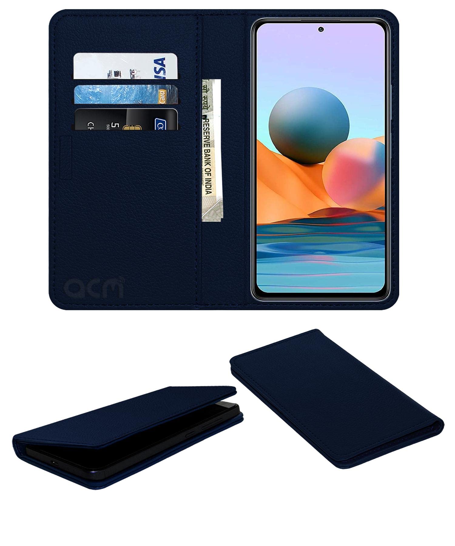 ACM Rich Leather Flip Wallet Front & Back Case Compatible with Mi Redmi Note 10 Pro Mobile Flap Magnetic Cover Blue