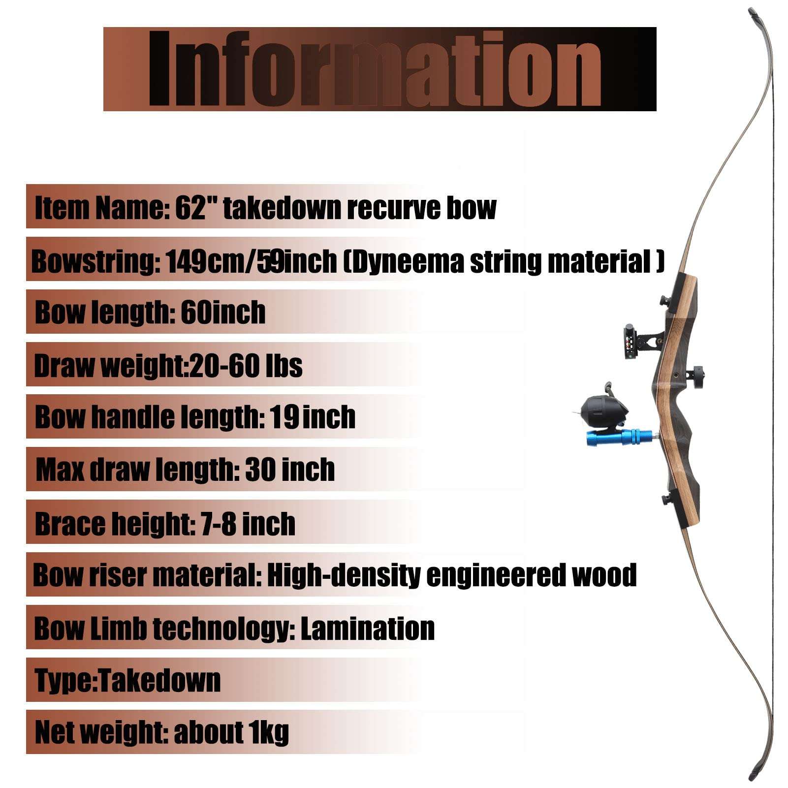 Takedown Recurve Bow for Adults 62" Bowfishing Bow with Reels Kits 30-50lbs for Beginner Package with Fishing Archery Hunting Equipment Bow and Arrow Set for Right Hand (50lbs) 3
