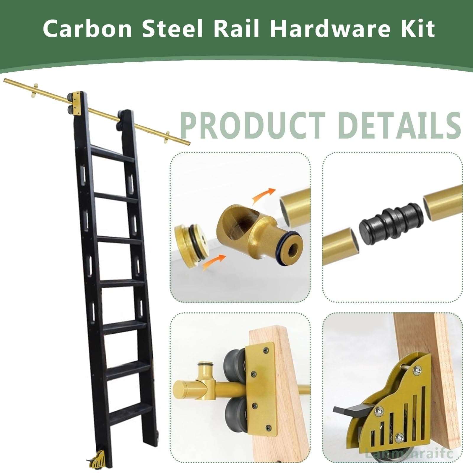 100-732cm Rolling Library Ladder Hardware Kit - Gold Carbon Steel Full Set Mobile Ladder Tracks with Floor Roller for Home/Office/Library/Barn(8ft/244cm Track kit) 3