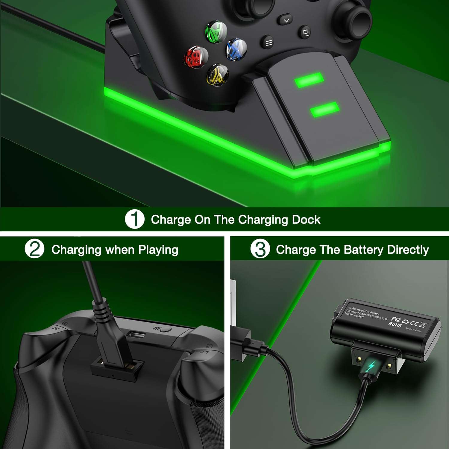 Controller Charger Station for Xbox one, Charging Station for Xbox Controller Battery Pack, 2 x 3600mwh Xbox Rechargeable Battery Pack Compatible with Xbox Series X|S/Xbox One/Xbox One S/X/Elite 5