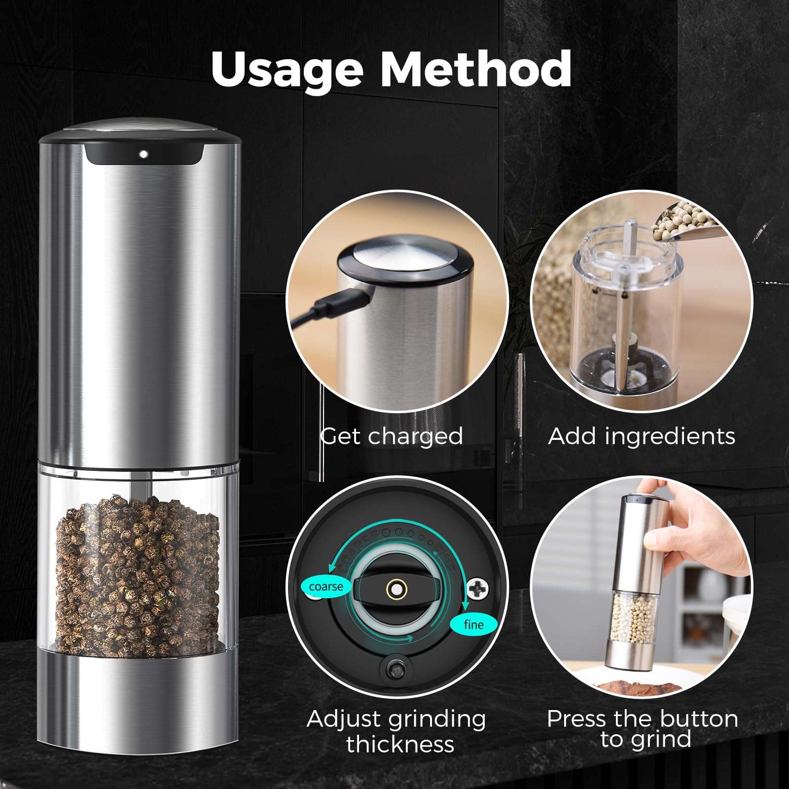 D-DING Electric Salt & Pepper Grinder Set - 2 in 1 Stainless Steel Mill with Adjustable Coarseness, LED Light, Ceramic Core, Type-C Charging, 95ml Container 3