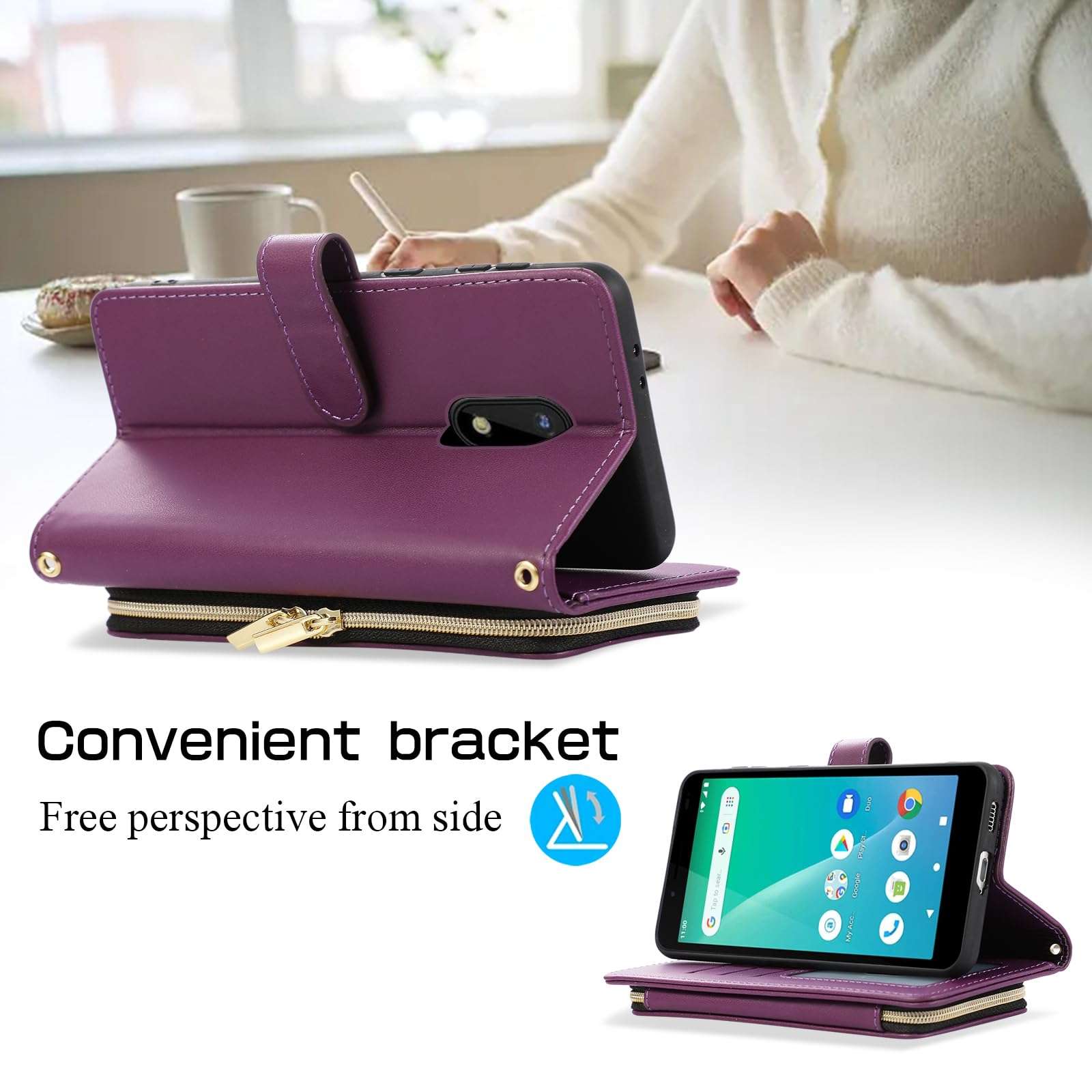 Furiet Argyle Wallet Case for Unimax UMX U696CL with Wrist Strap Shoulder Strap, 9+ Card Slots Zipper Purse Luxury PU Leather Card Holder Stand Checkered Cell Phone Cover for Women Girls Deep Purple 3